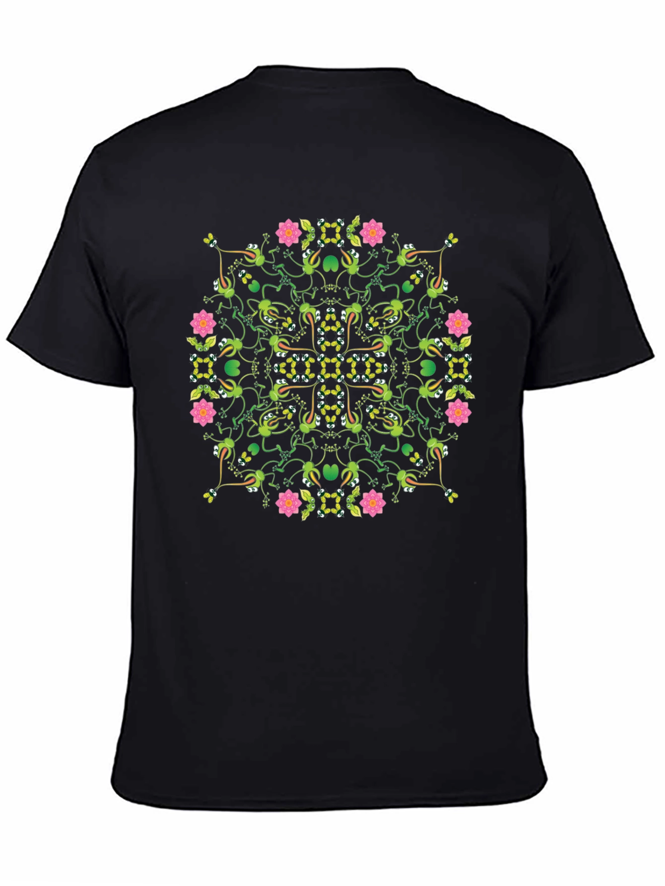 Floral Frog Pattern Black T-Shirt