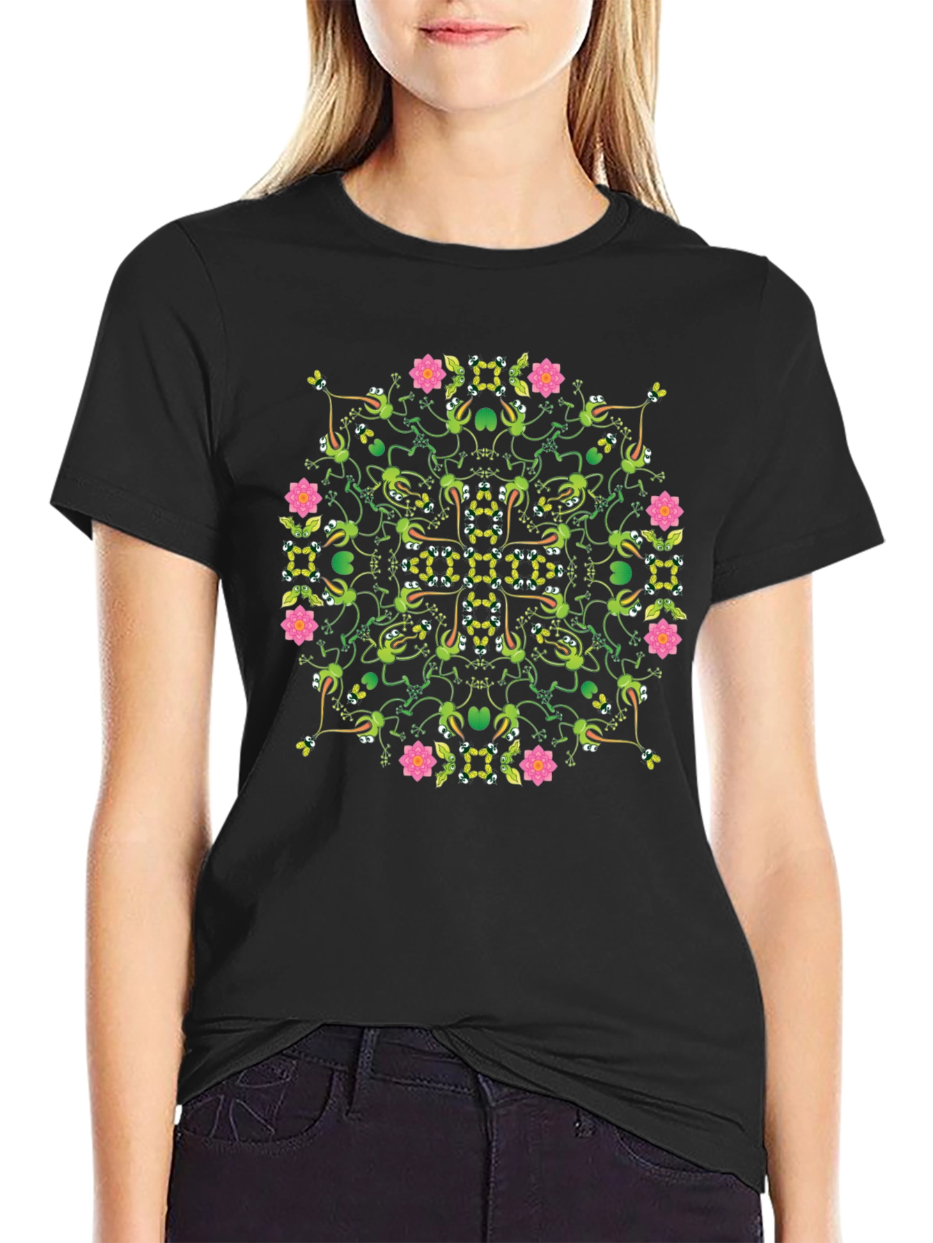 Floral Frog Pattern Black T-Shirt