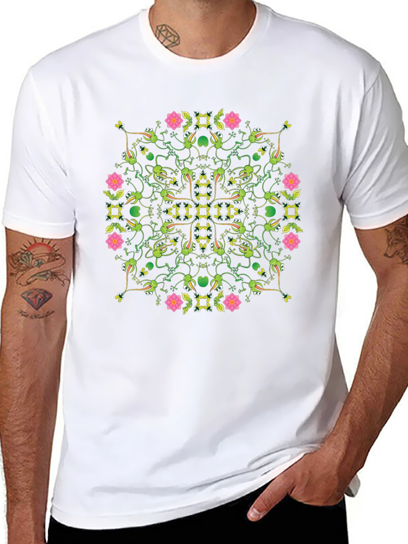 Floral Frog Pattern Black T-Shirt