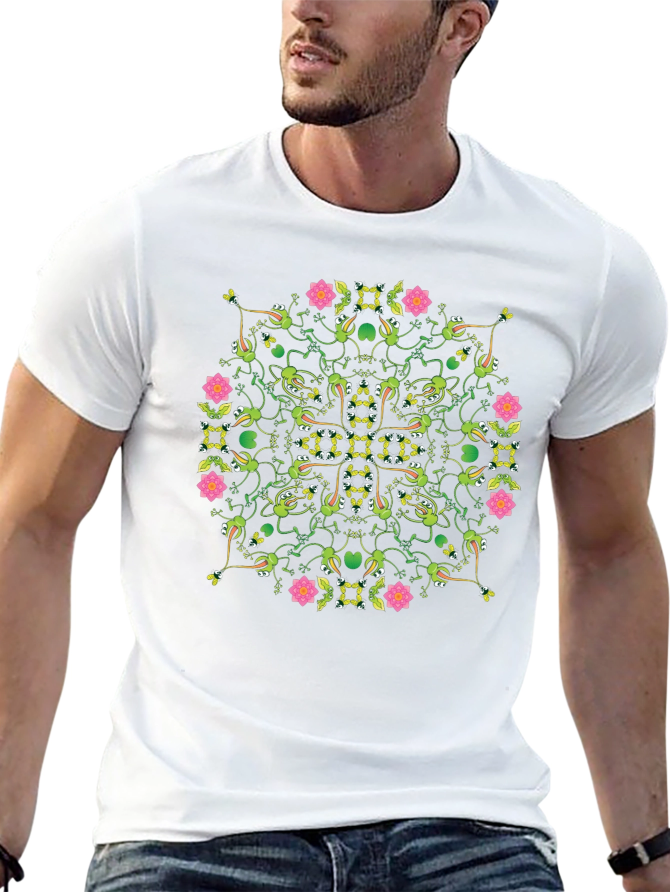 Floral Frog Pattern Black T-Shirt