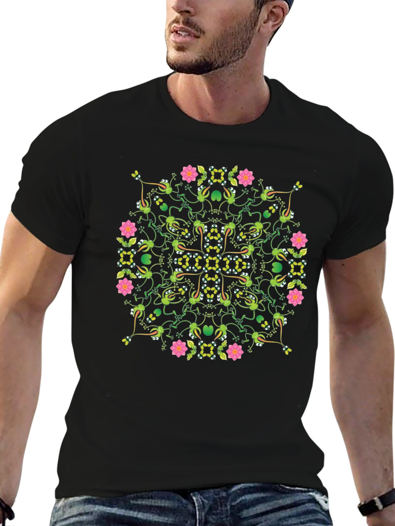 Floral Frog Pattern Black T-Shirt