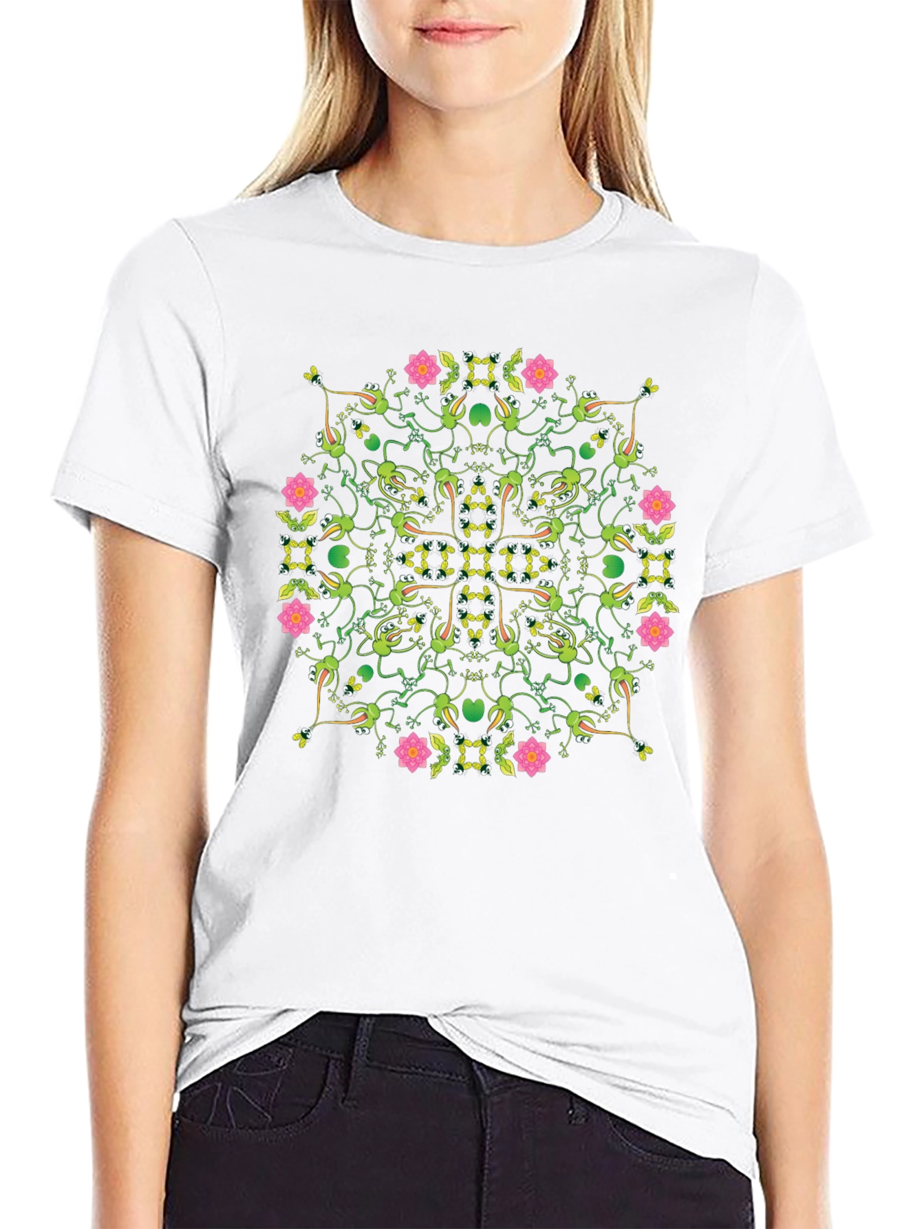 Floral Frog Pattern Black T-Shirt
