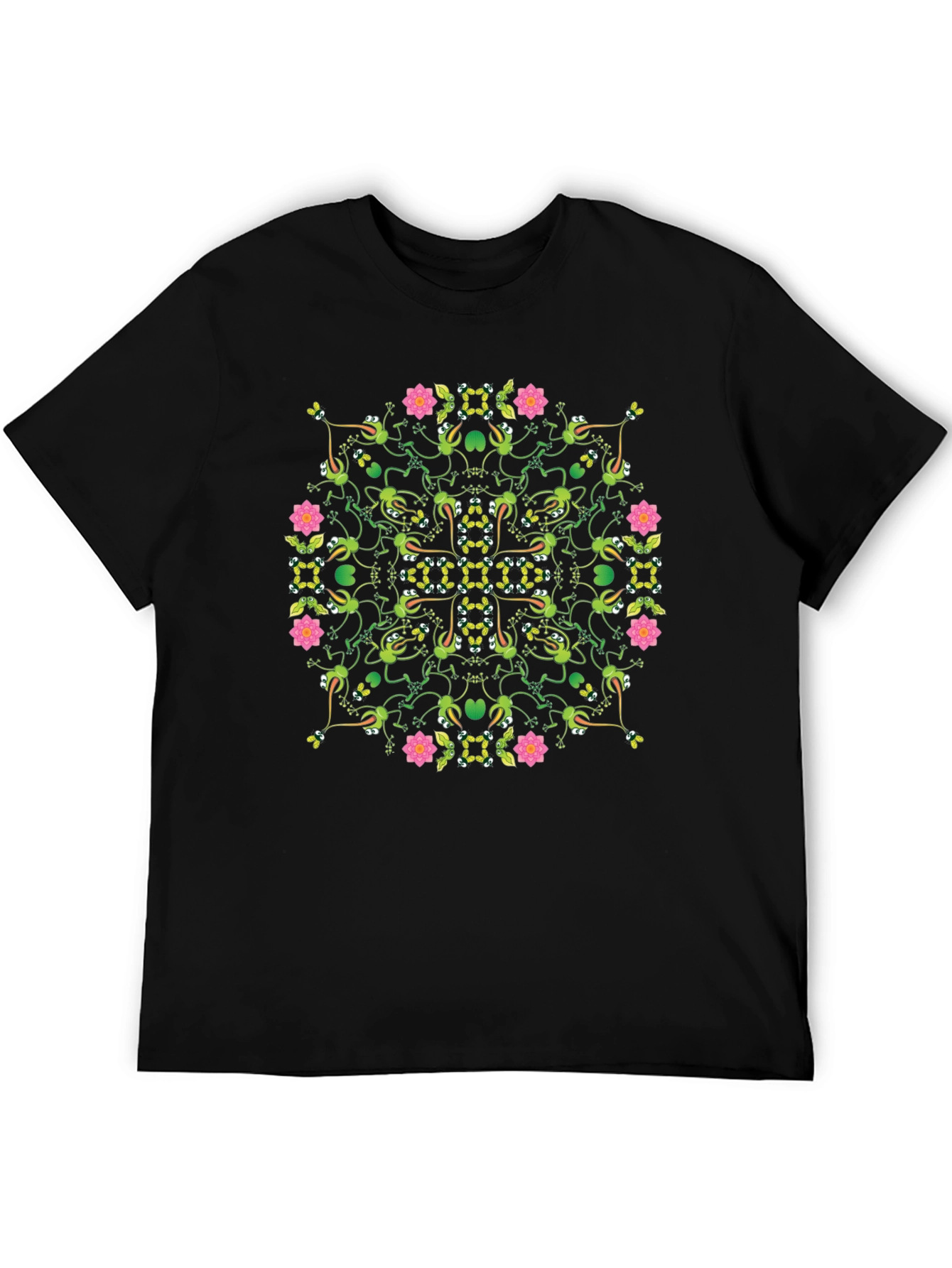 Floral Frog Pattern Black T-Shirt