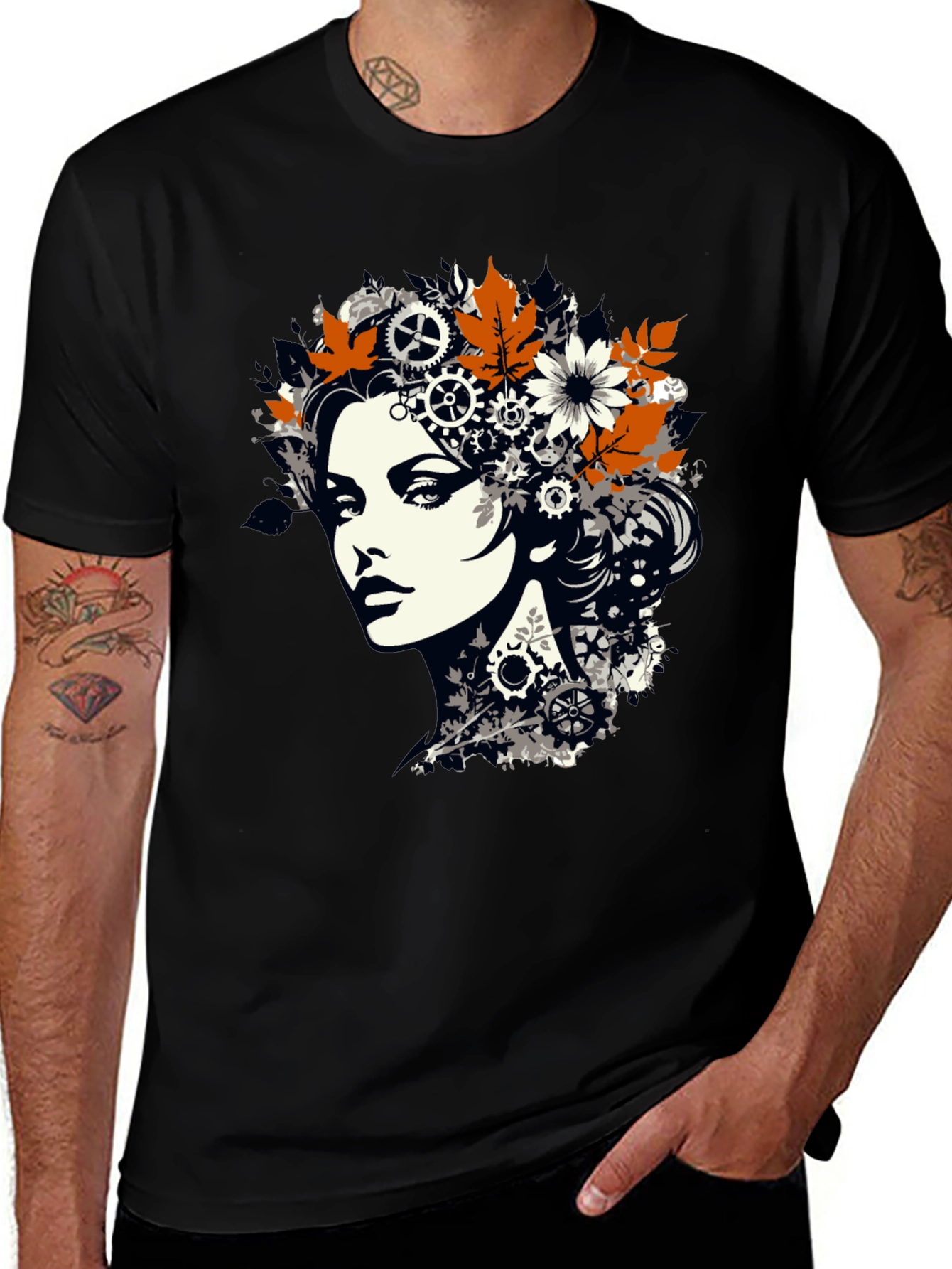 Steampunk Woman Graphic Print Black T-Shirt