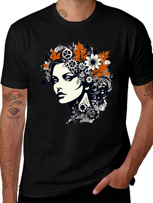 Steampunk Woman Graphic Print Black T-Shirt
