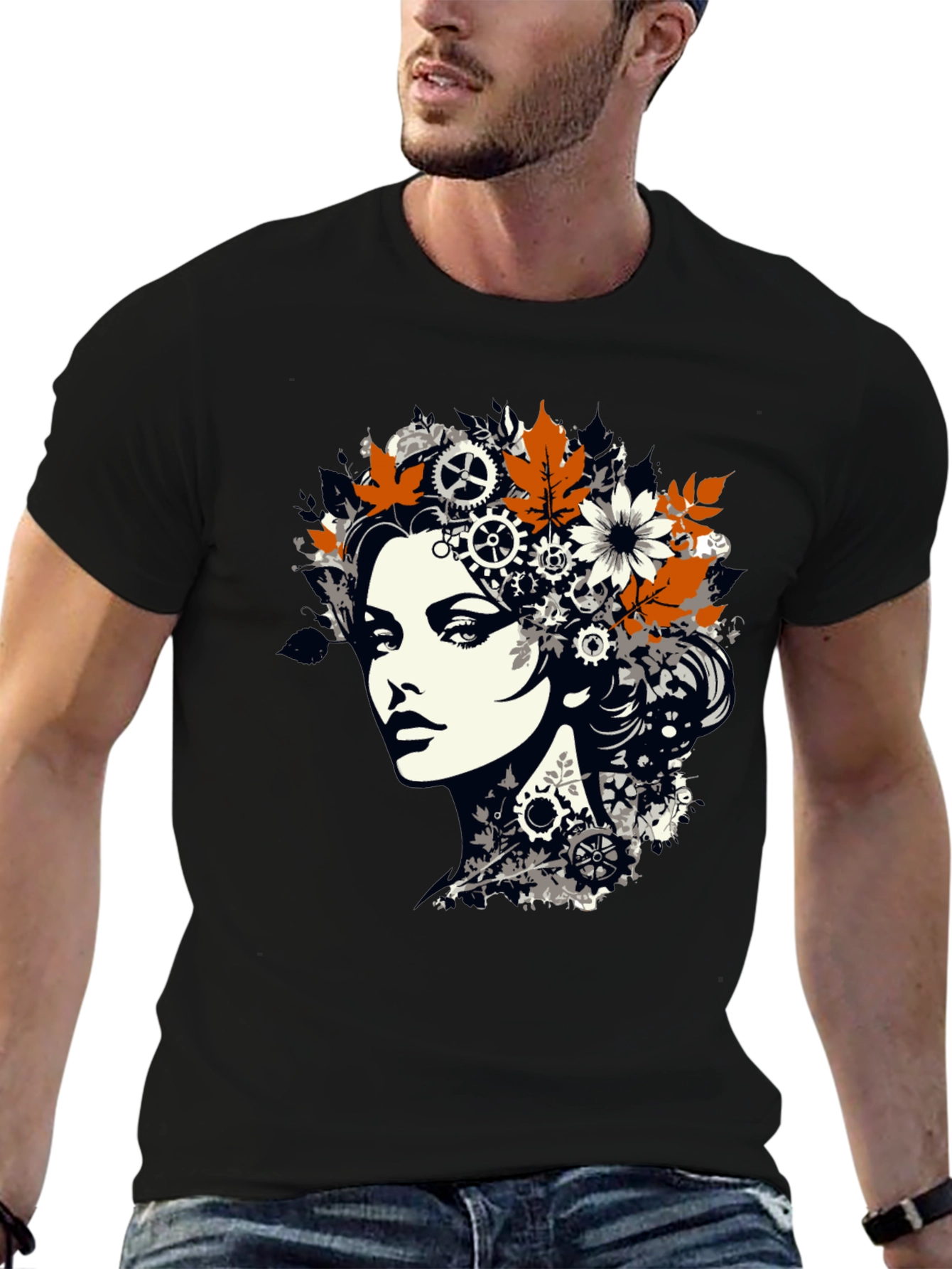 Steampunk Woman Graphic Print Black T-Shirt