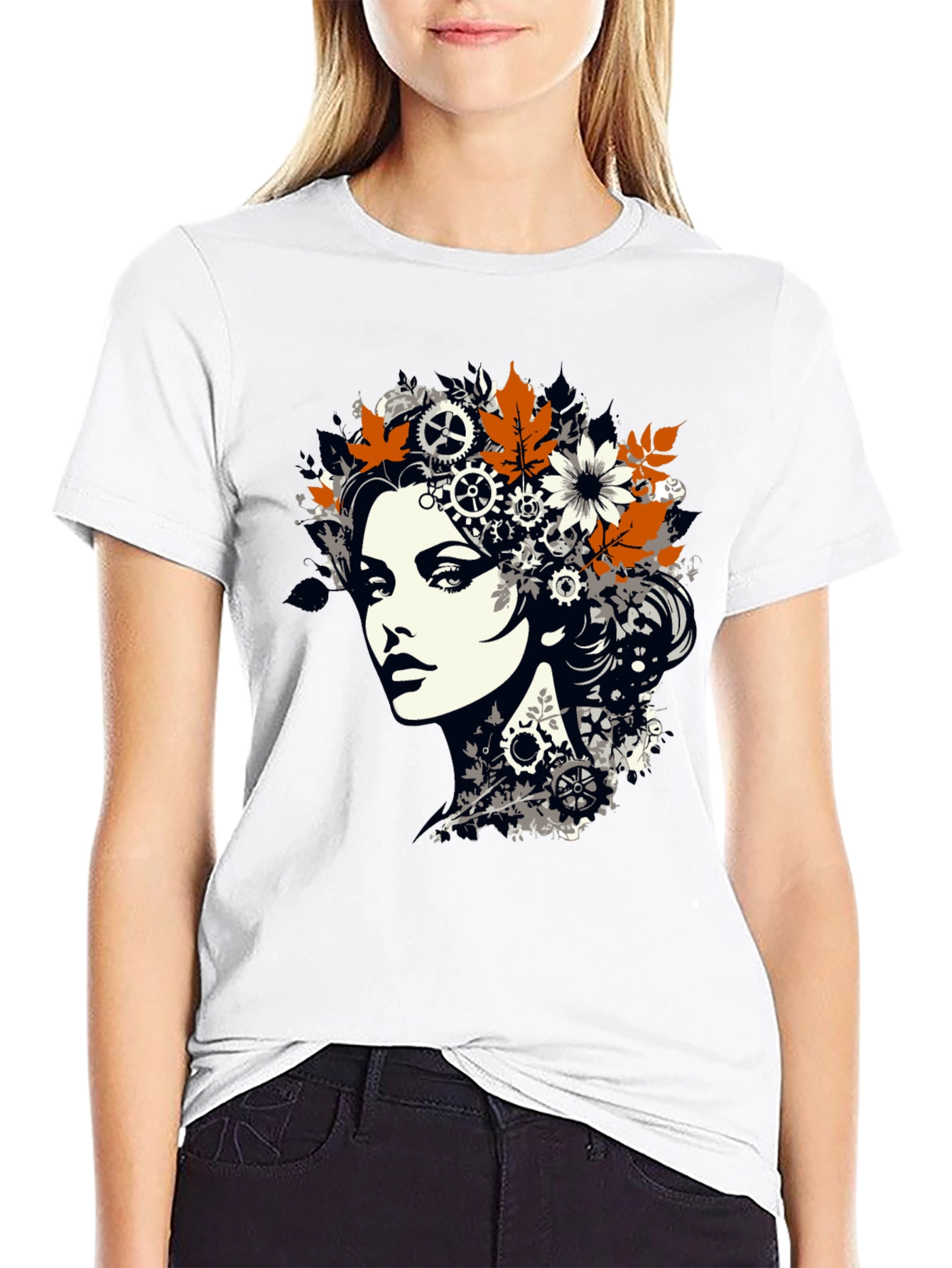 Steampunk Woman Graphic Print Black T-Shirt