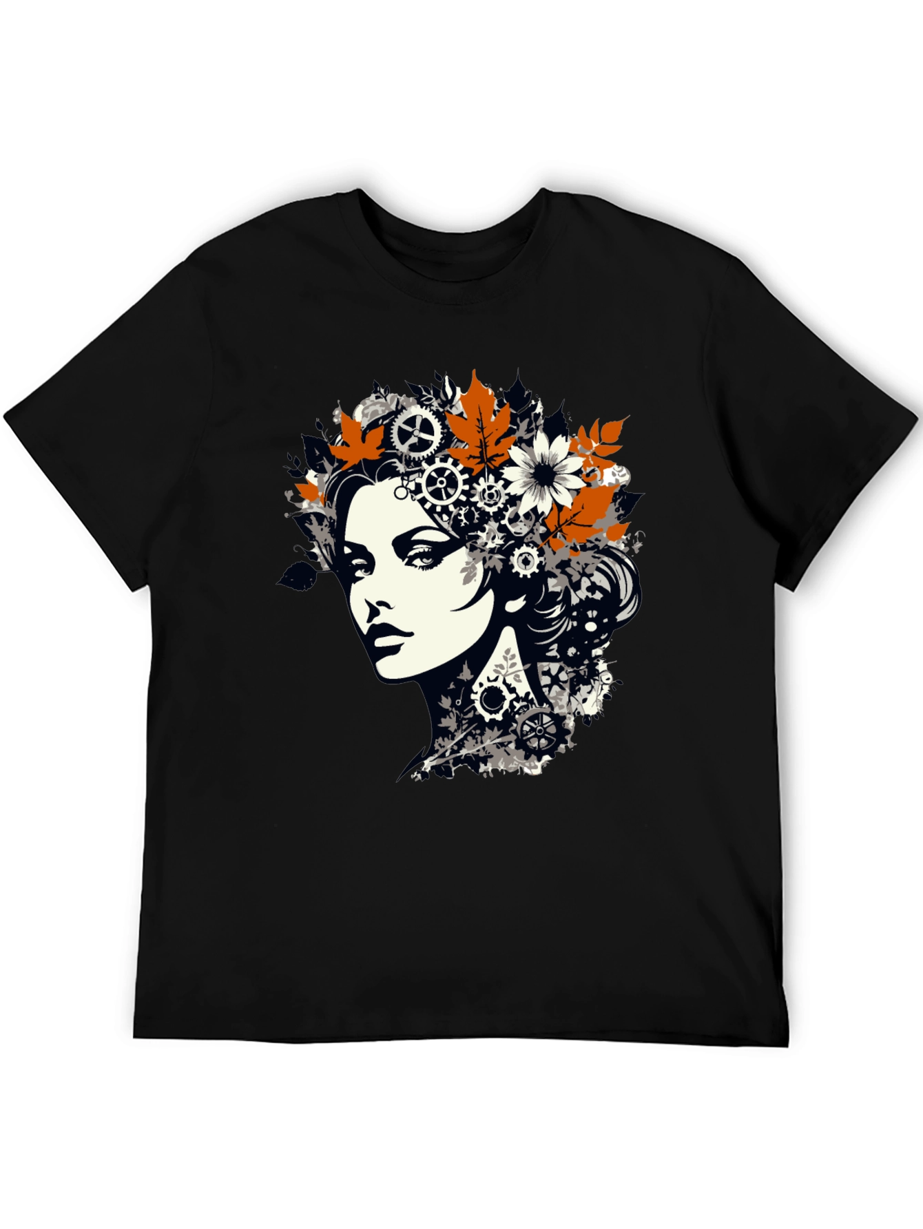 Steampunk Woman Graphic Print Black T-Shirt