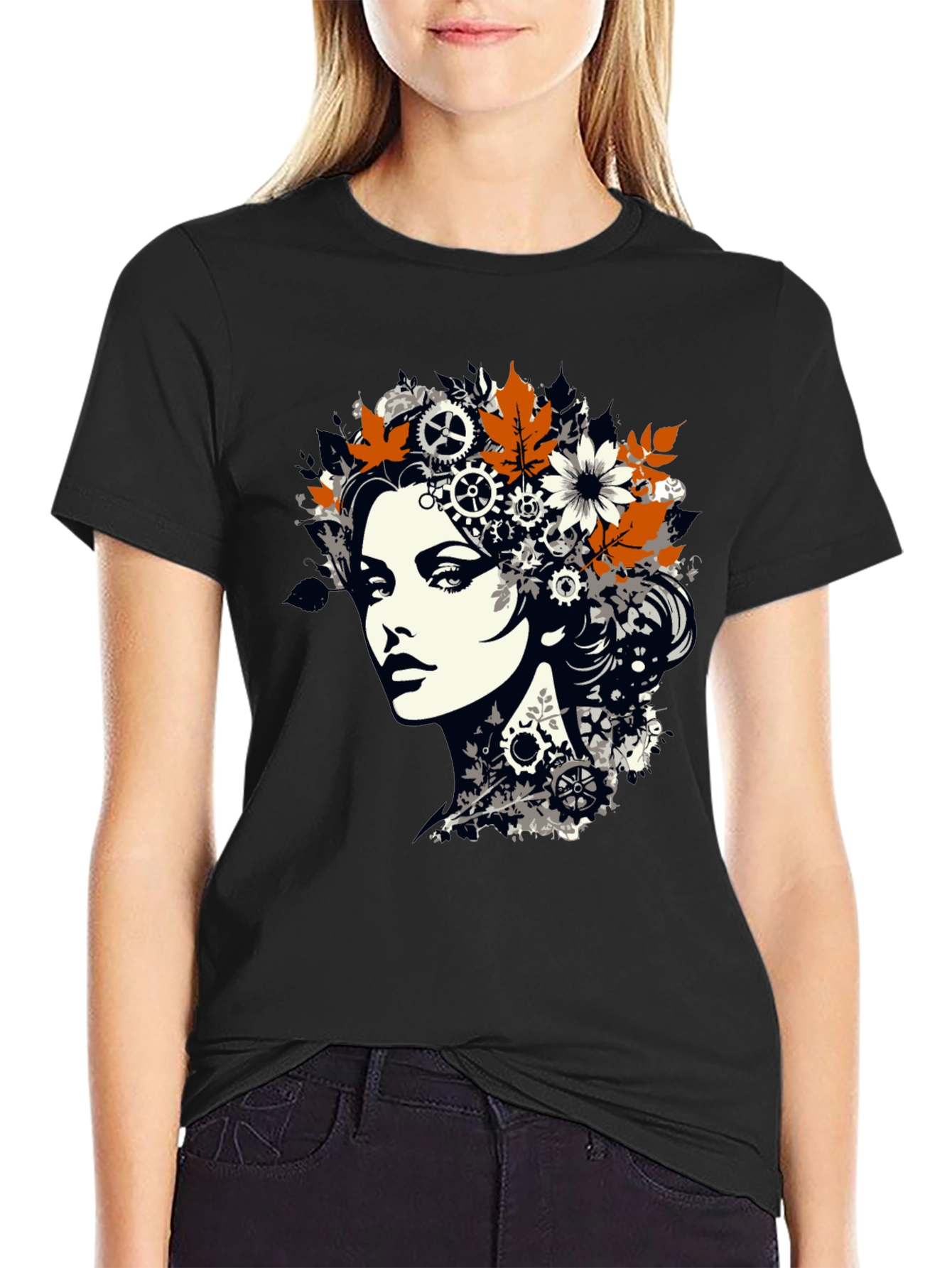 Steampunk Woman Graphic Print Black T-Shirt