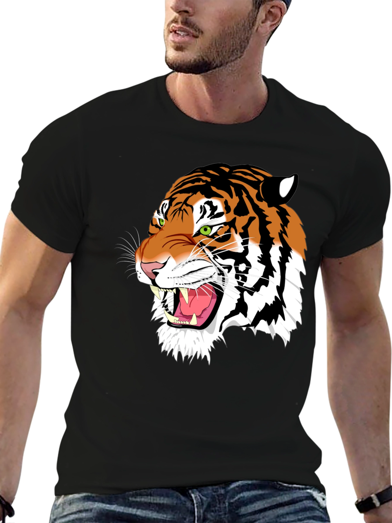 Bold Tiger Graphic Tee - Black Cotton T-Shirt