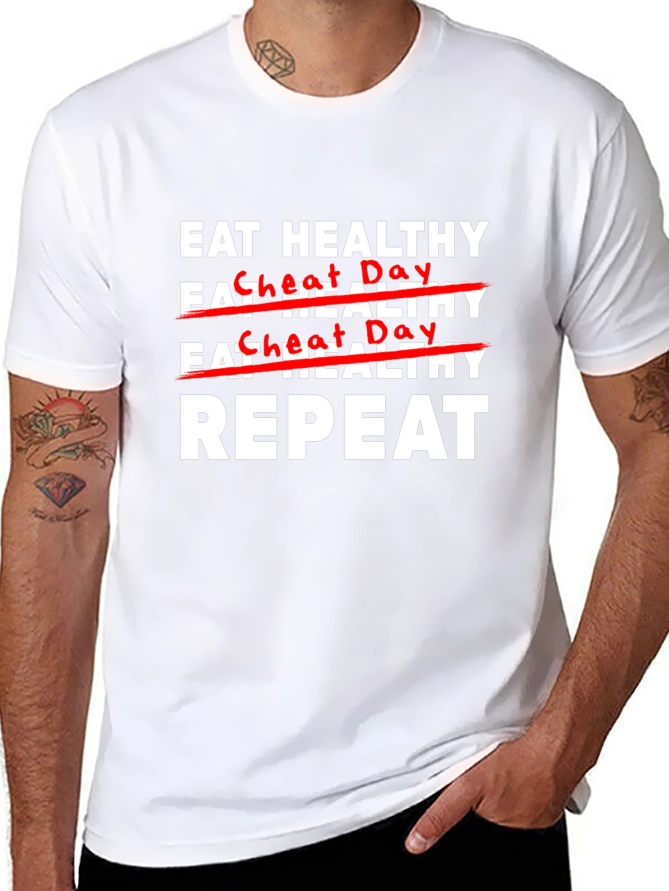 Eat Healthy Cheat Day Repeat Graphic T-Shirt