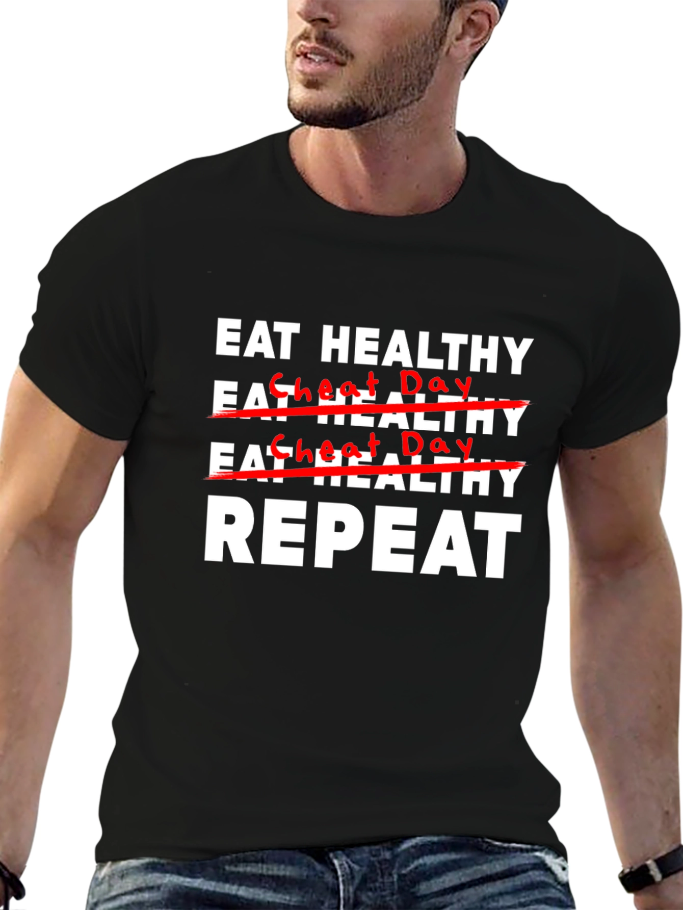 Eat Healthy Cheat Day Repeat Graphic T-Shirt