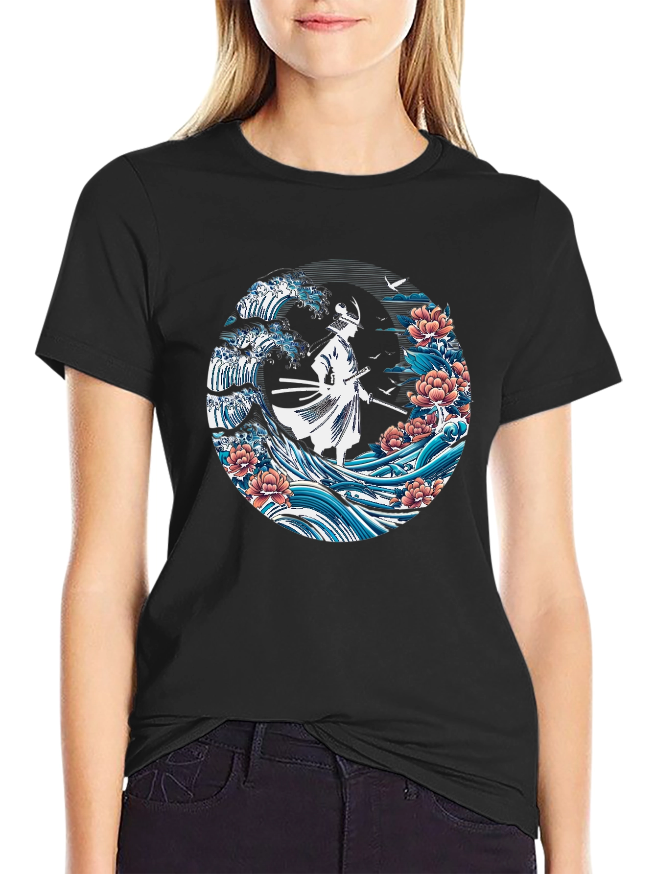 Samurai Wave Graphic Tee - Stylish Black T-Shirt