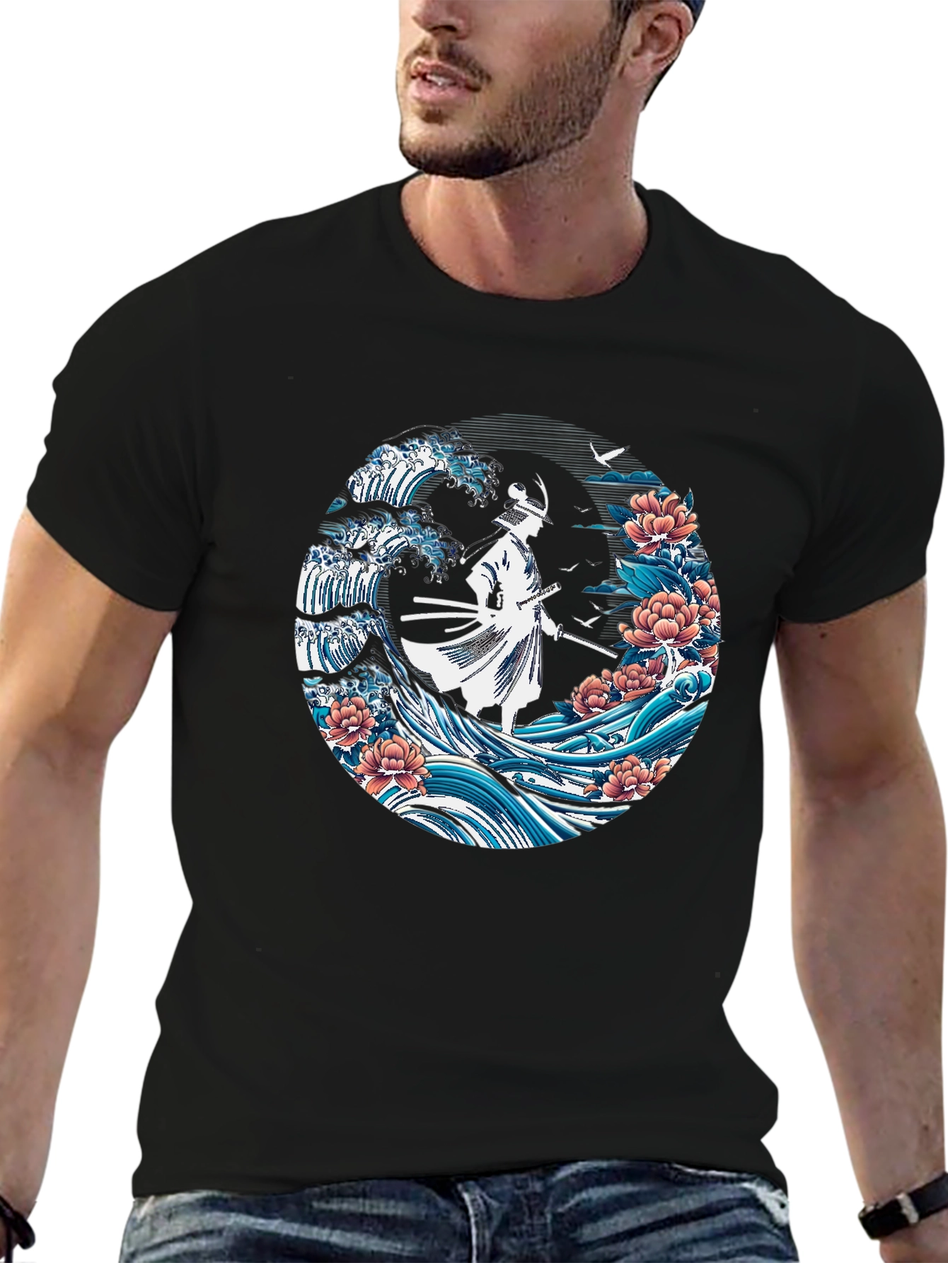Samurai Wave Graphic Tee - Stylish Black T-Shirt