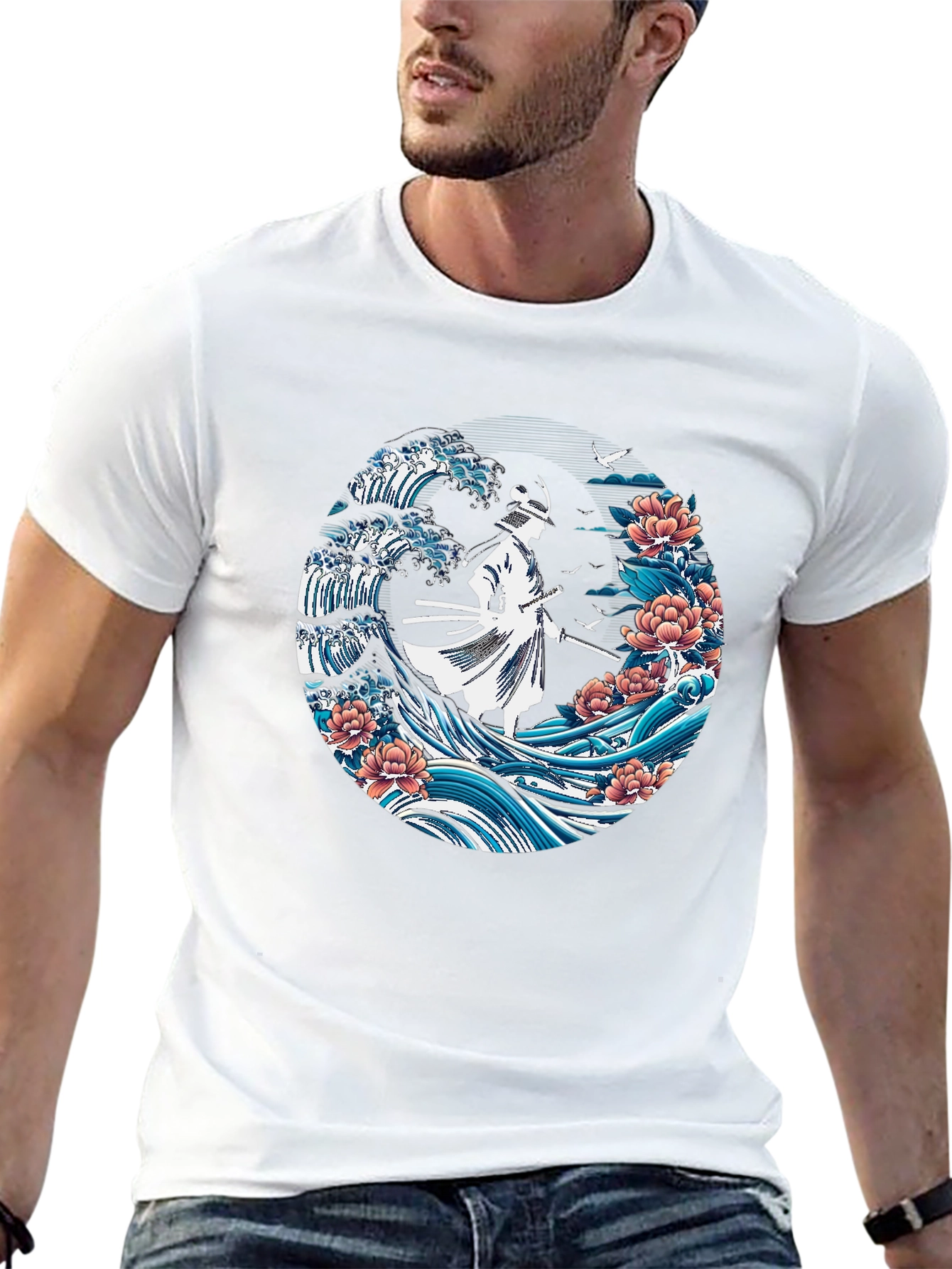 Samurai Wave Graphic Tee - Stylish Black T-Shirt