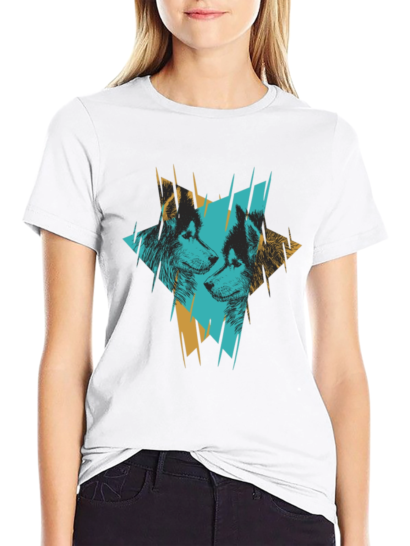Abstract Wolves Graphic Print Black T-Shirt