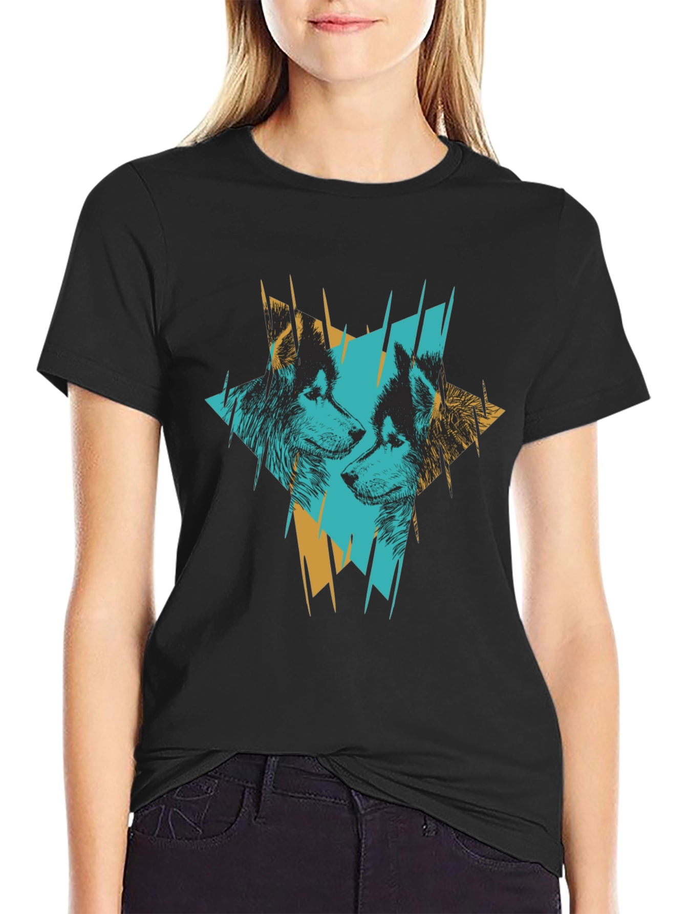 Abstract Wolves Graphic Print Black T-Shirt