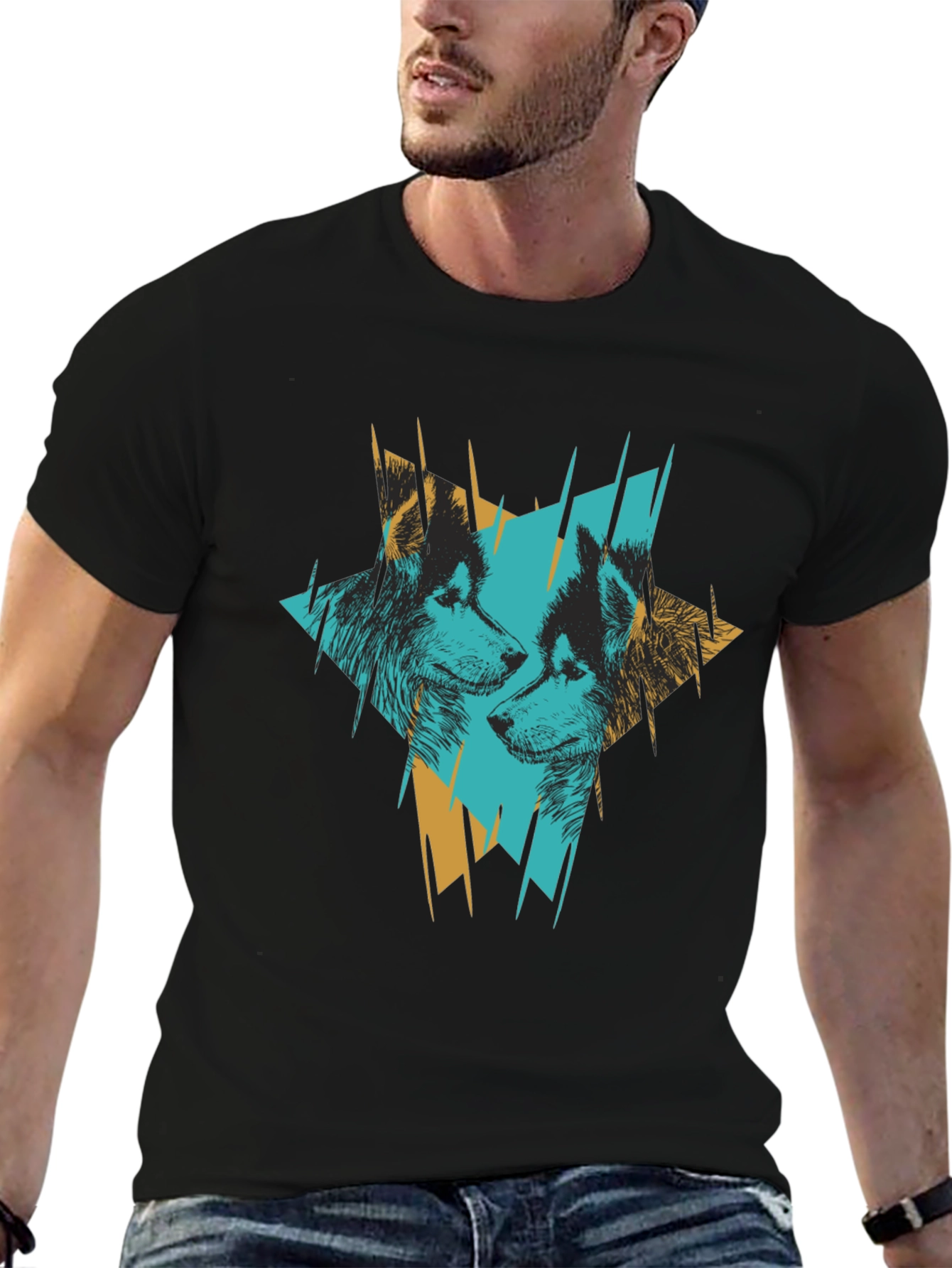 Abstract Wolves Graphic Print Black T-Shirt