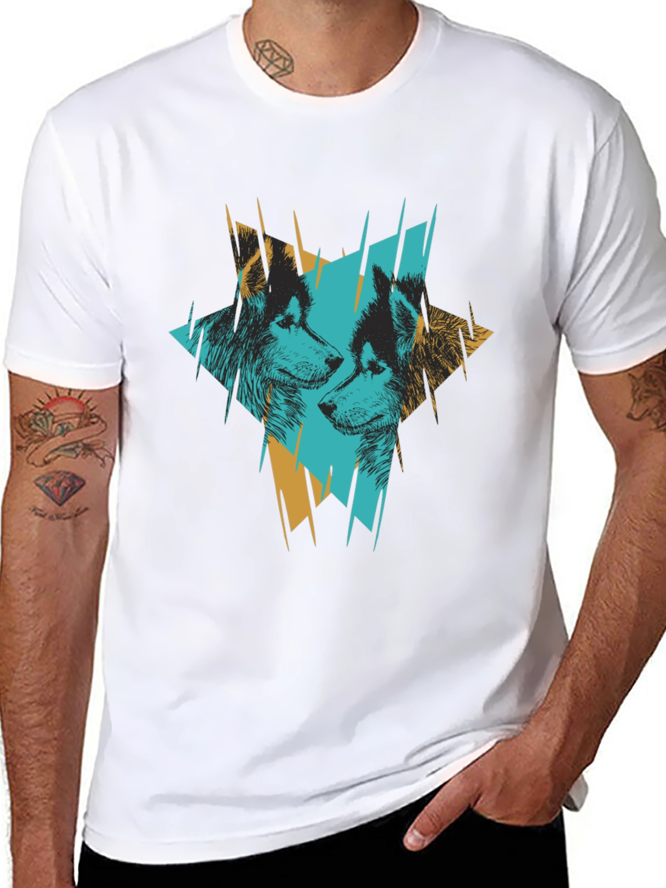 Abstract Wolves Graphic Print Black T-Shirt