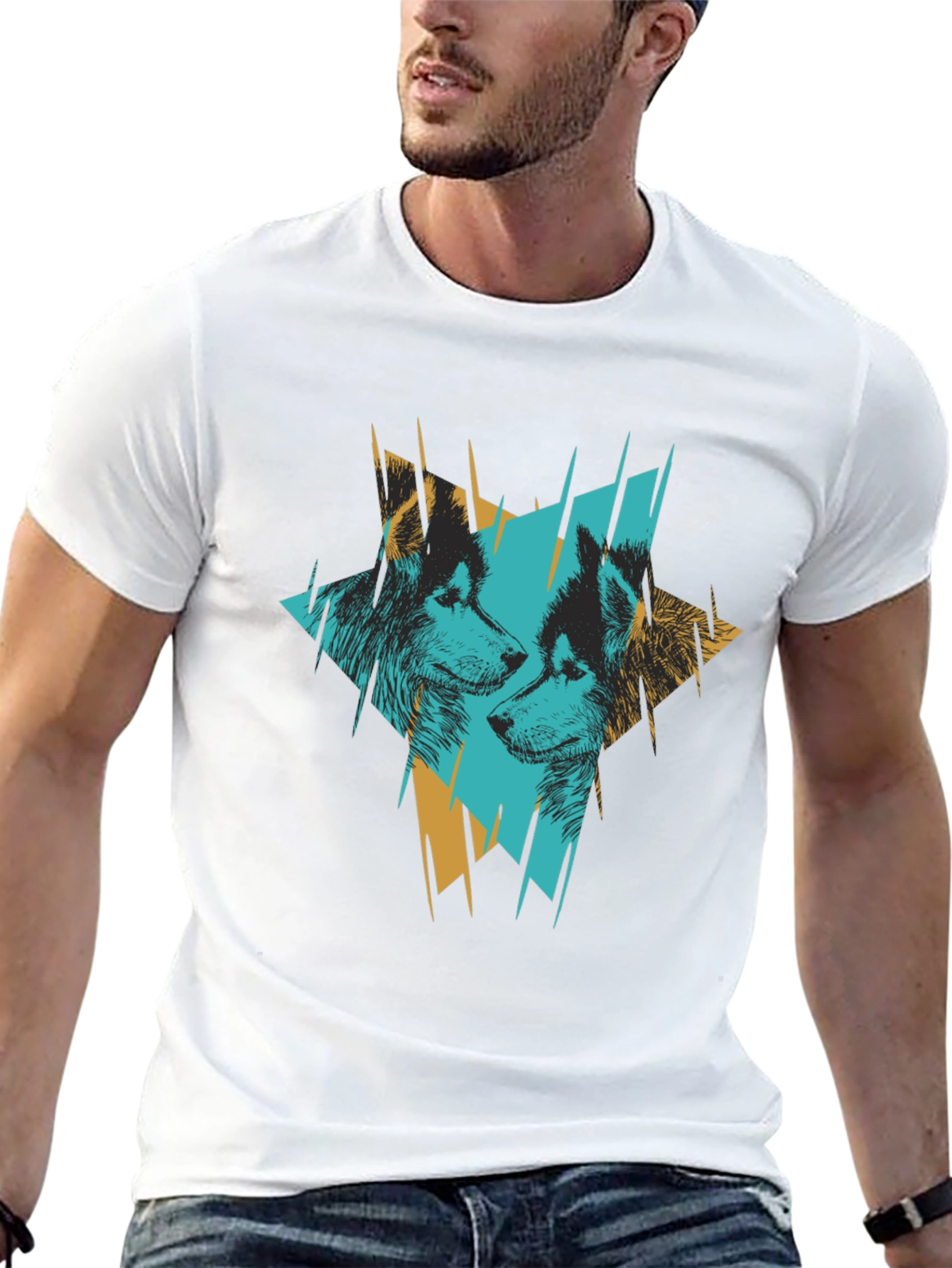 Abstract Wolves Graphic Print Black T-Shirt