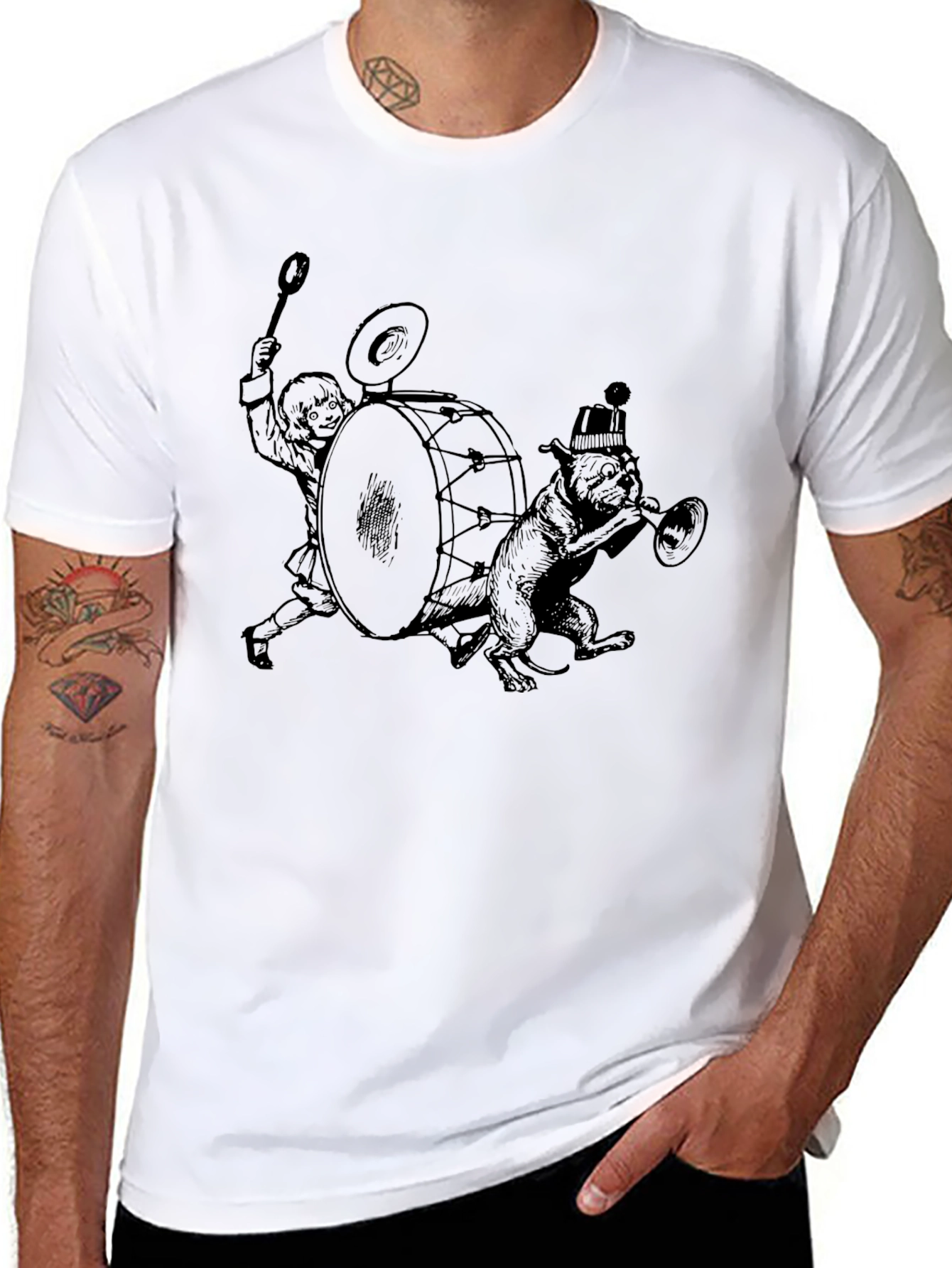 Novelty Drummer Dog Graphic T-Shirt