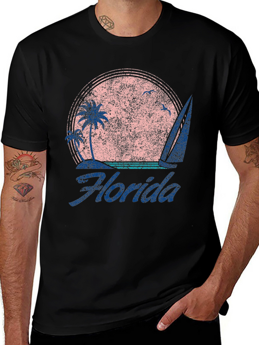 Florida Retro Graphic T-Shirt - Beach Palm Tree Sailboat Design