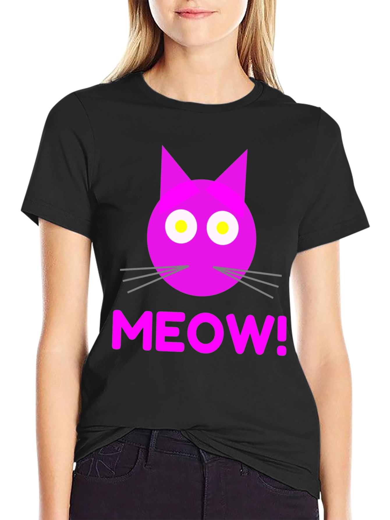 Meow! Cat Face Graphic T-Shirt - Black
