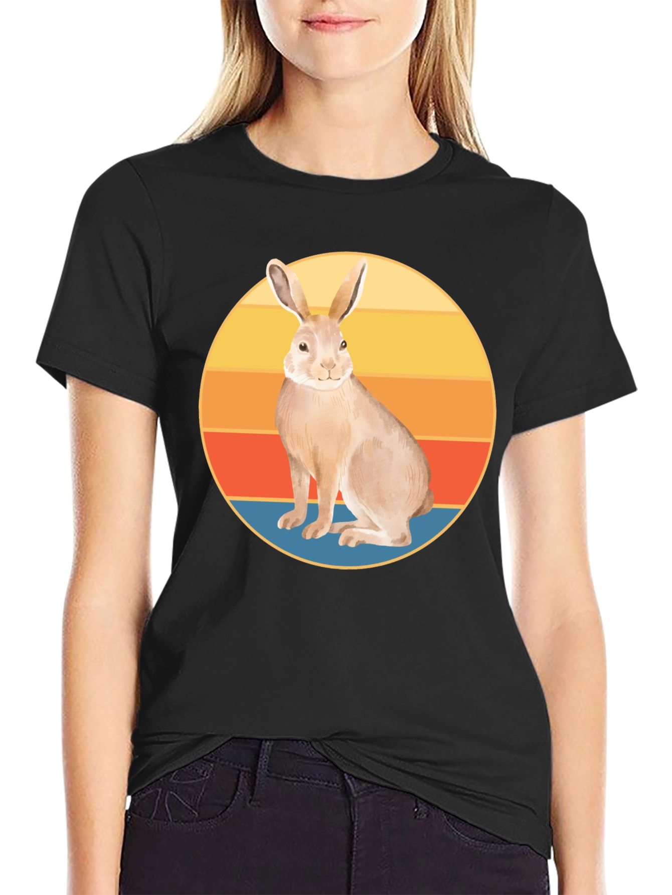 Retro Rabbit Graphic Tee - Soft Black Cotton Blend