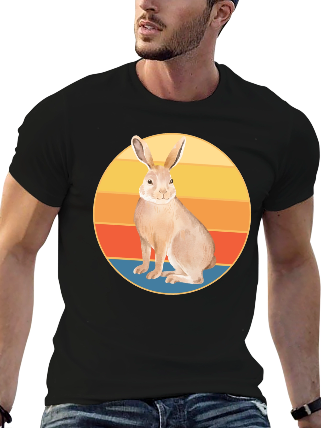 Retro Rabbit Graphic Tee - Soft Black Cotton Blend