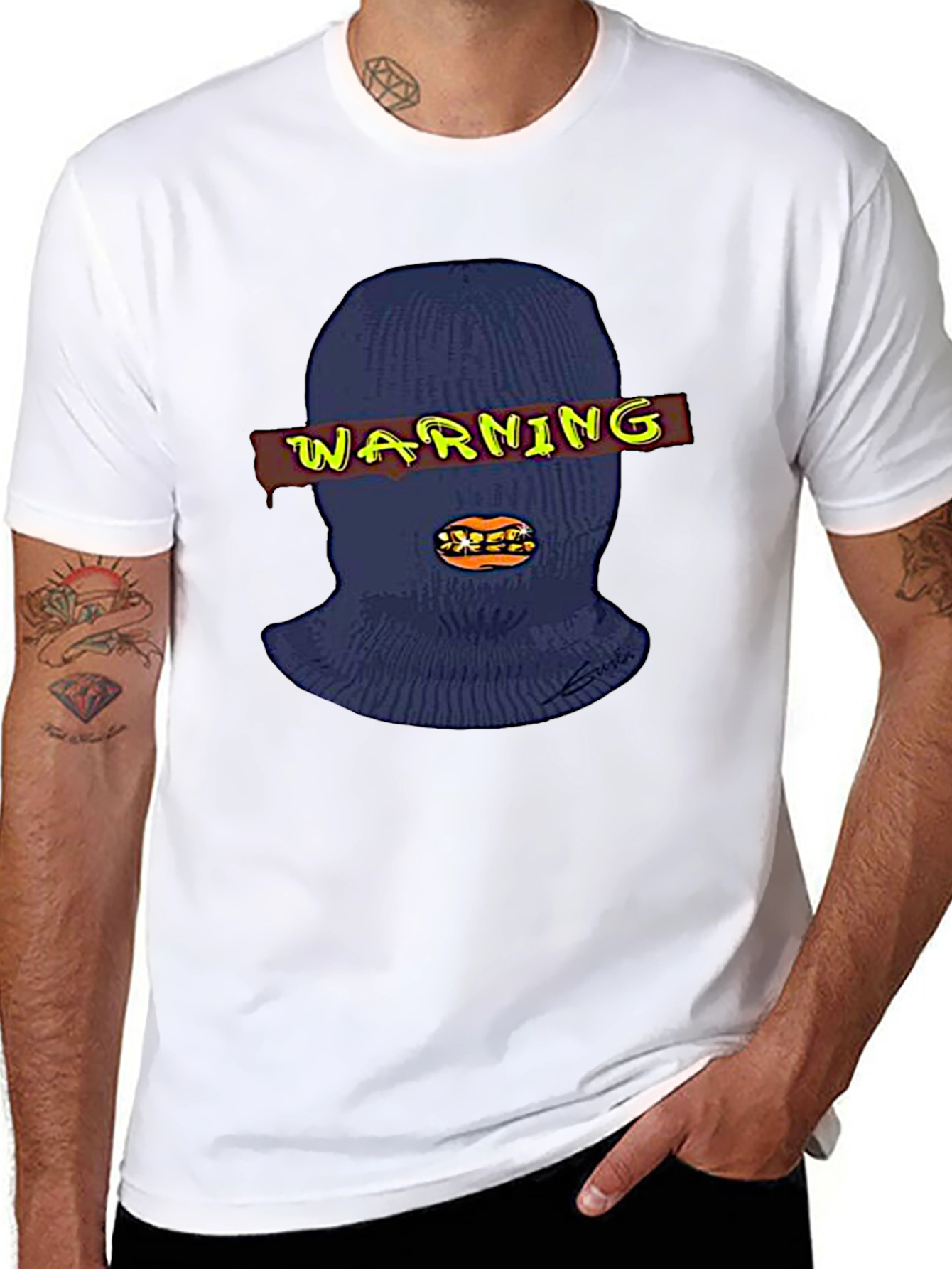 Warning Ski Mask Graphic Tee - Black