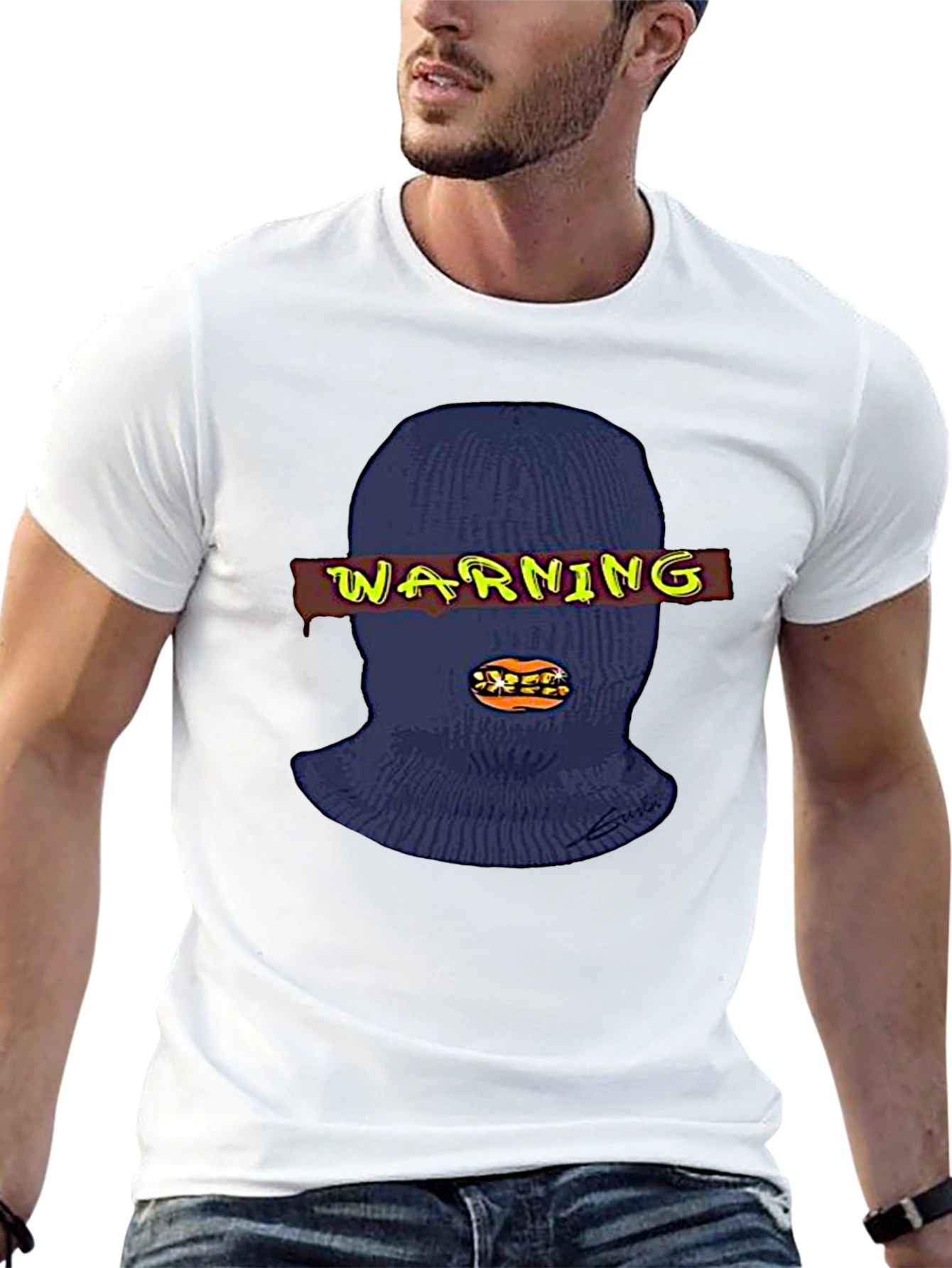 Warning Ski Mask Graphic Tee - Black