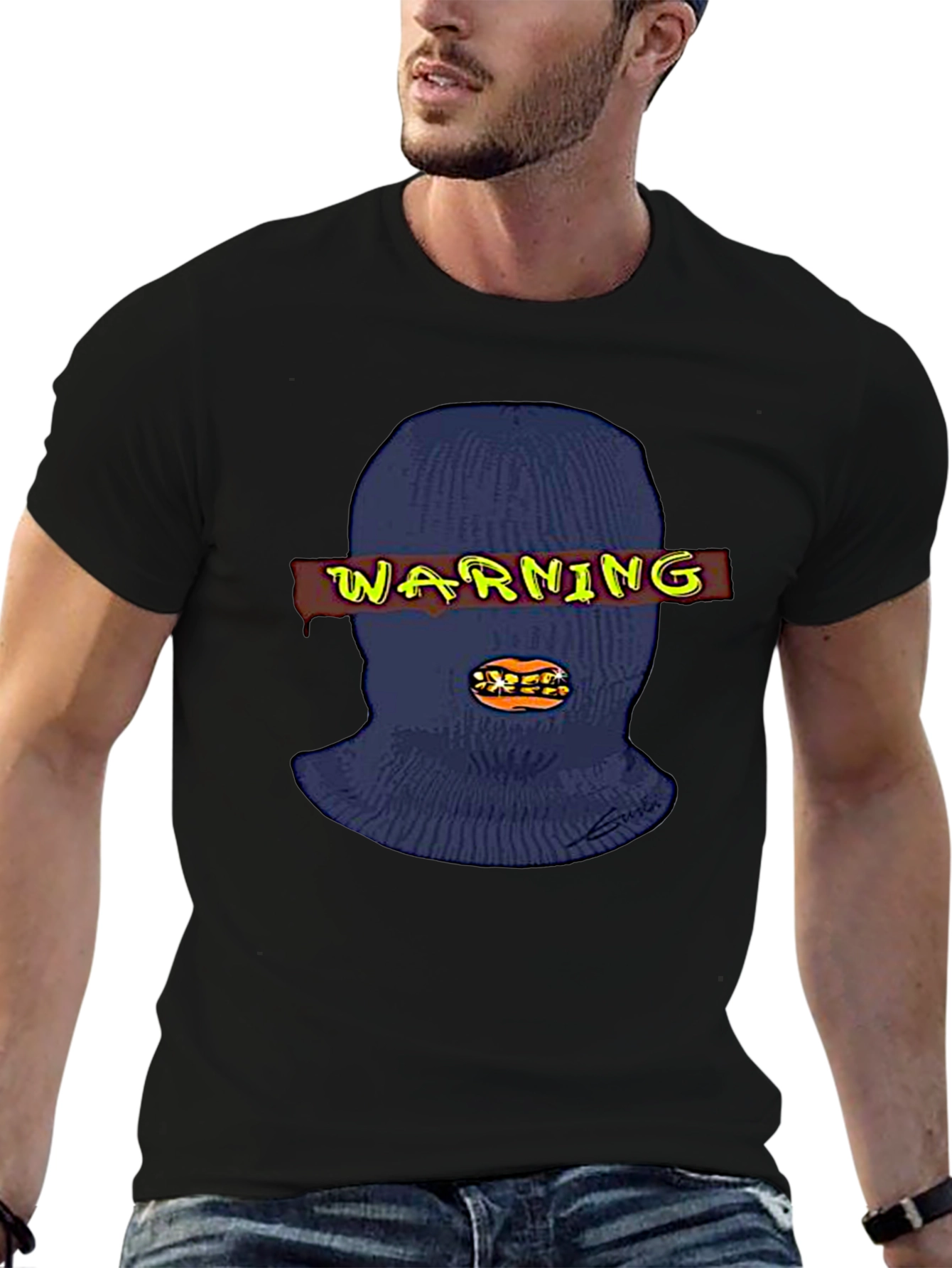 Warning Ski Mask Graphic Tee - Black