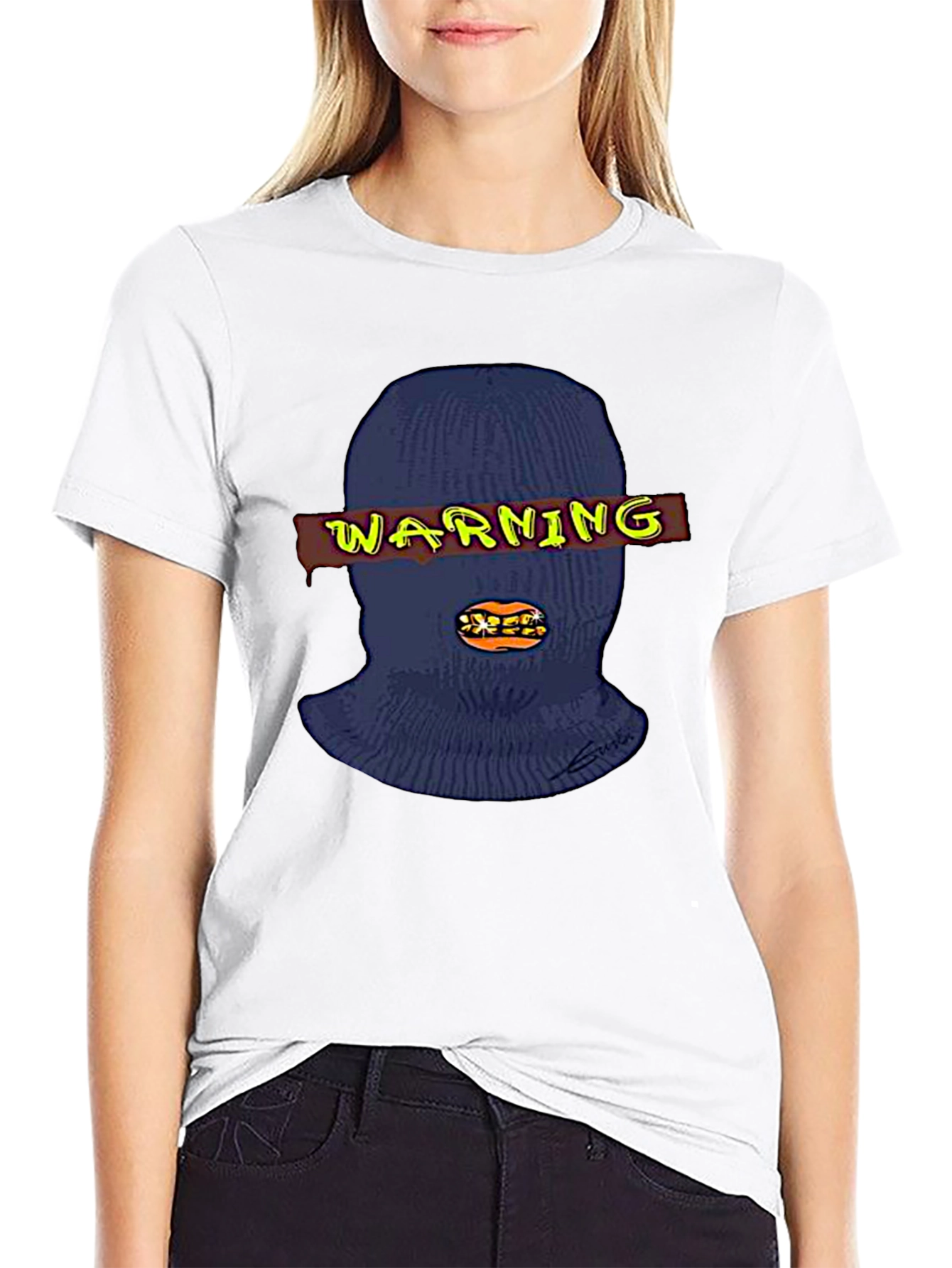 Warning Ski Mask Graphic Tee - Black