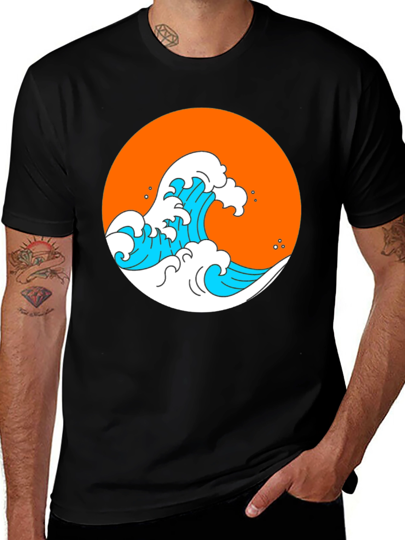 Orange Wave Graphic Black Tee