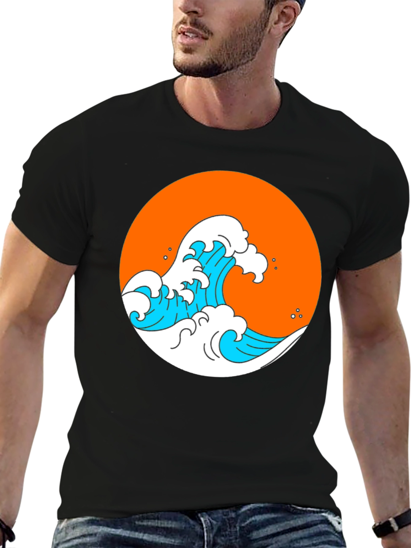 Orange Wave Graphic Black Tee
