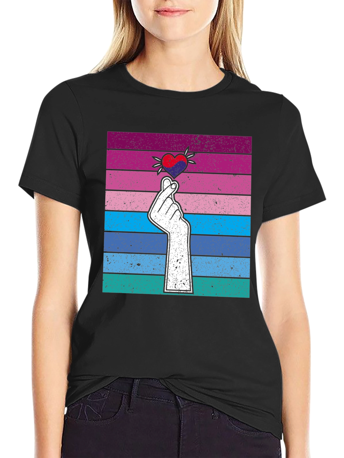 Korean Finger Heart T-Shirt - Retro Striped Design
