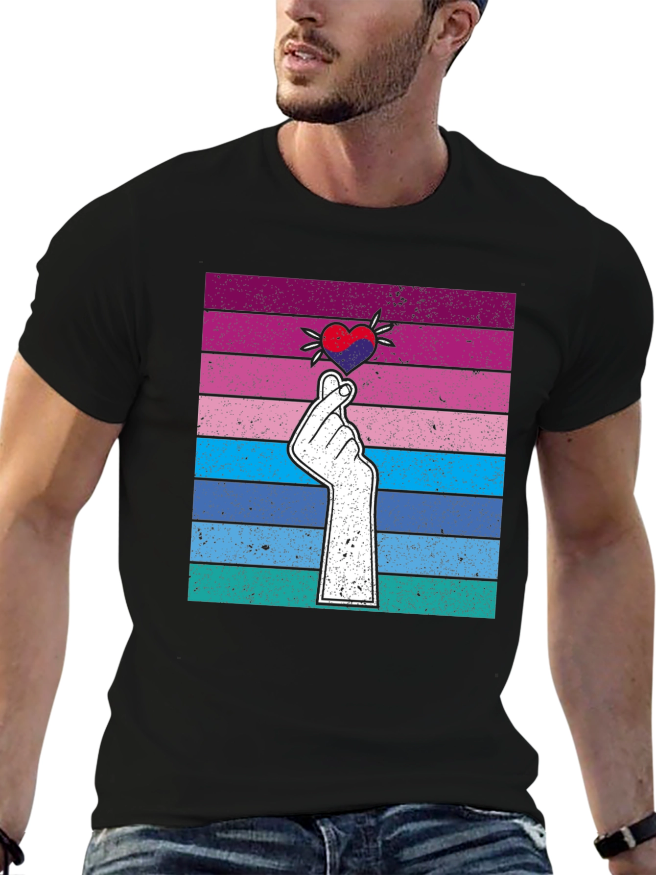 Korean Finger Heart T-Shirt - Retro Striped Design