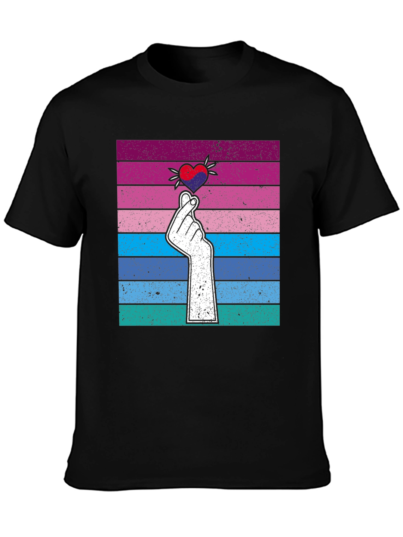 Korean Finger Heart T-Shirt - Retro Striped Design