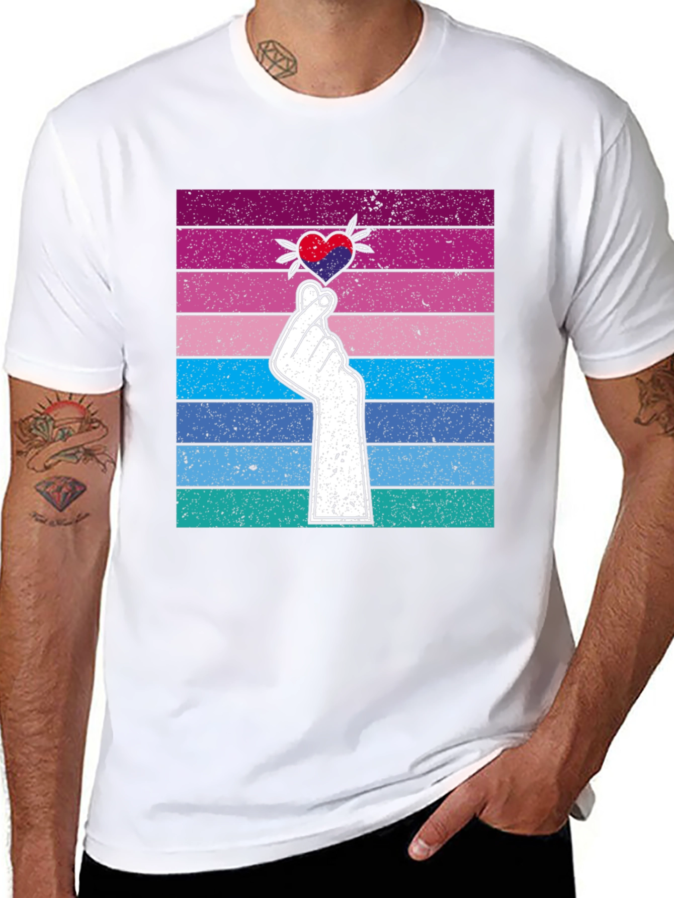 Korean Finger Heart T-Shirt - Retro Striped Design