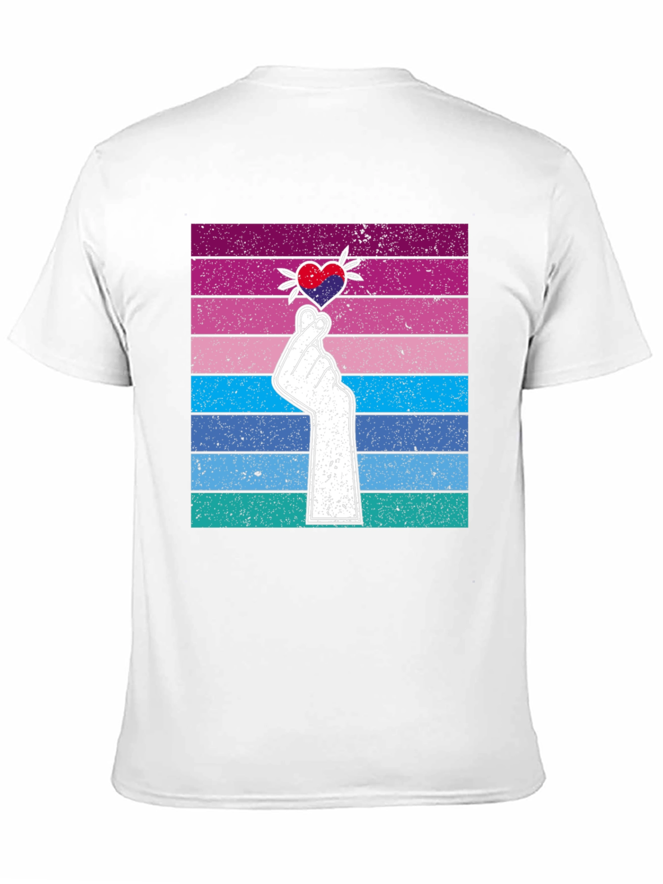 Korean Finger Heart T-Shirt - Retro Striped Design