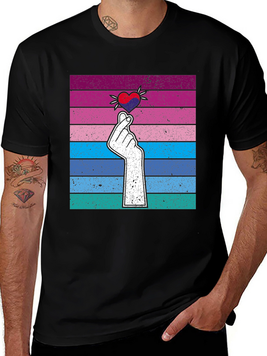 Korean Finger Heart T-Shirt - Retro Striped Design