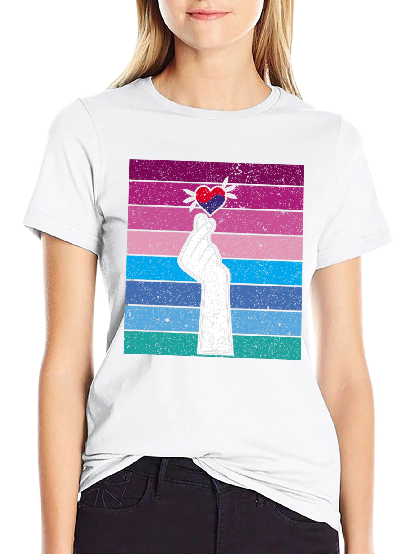 Korean Finger Heart T-Shirt - Retro Striped Design