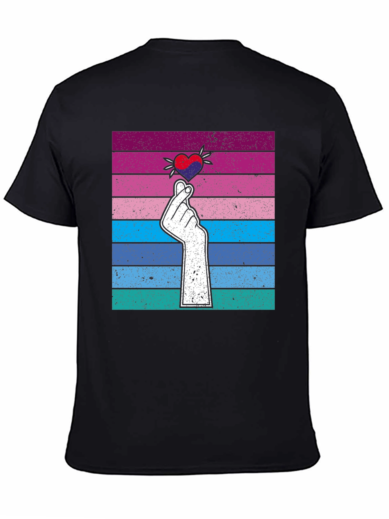 Korean Finger Heart T-Shirt - Retro Striped Design