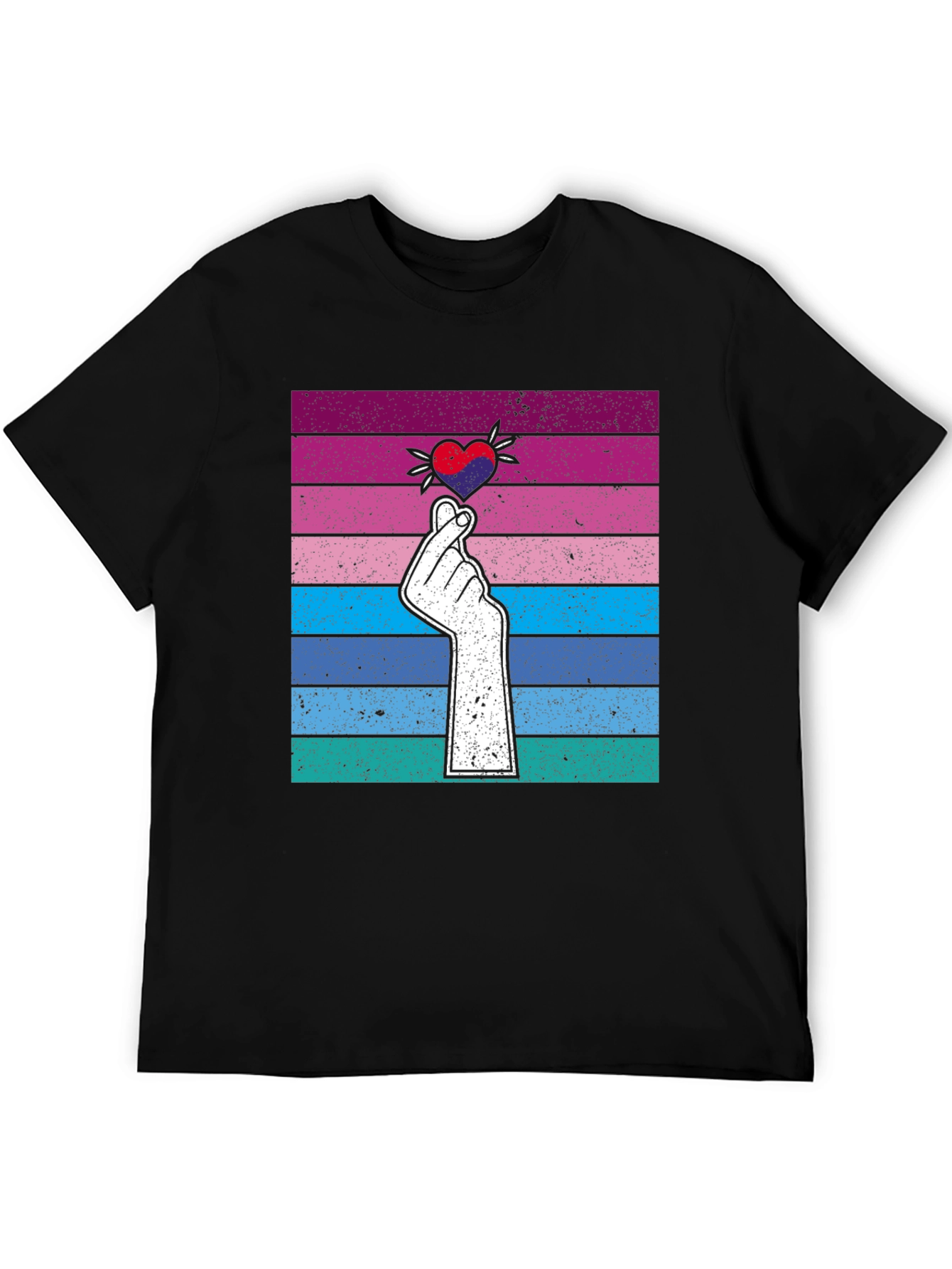 Korean Finger Heart T-Shirt - Retro Striped Design