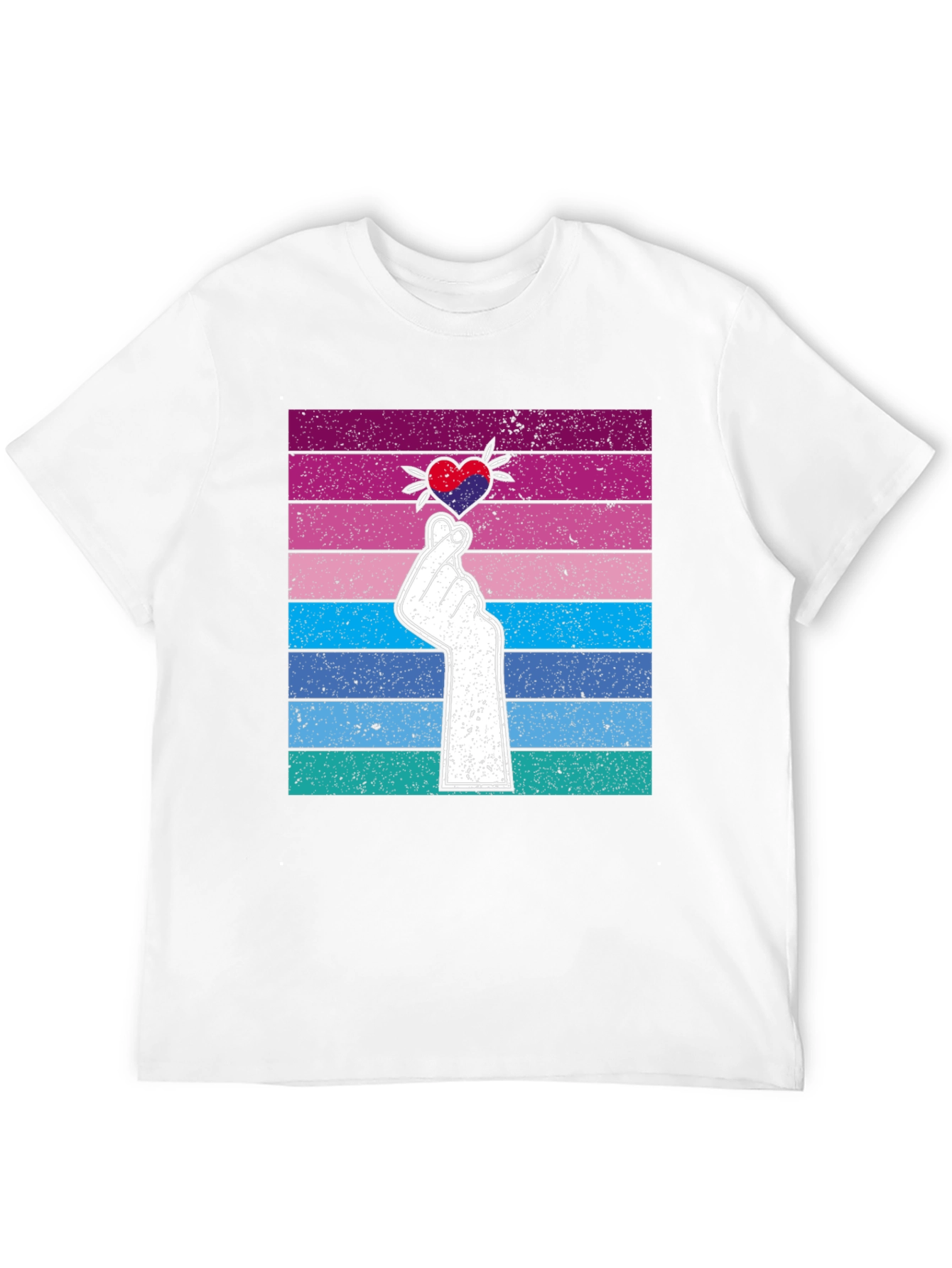 Korean Finger Heart T-Shirt - Retro Striped Design