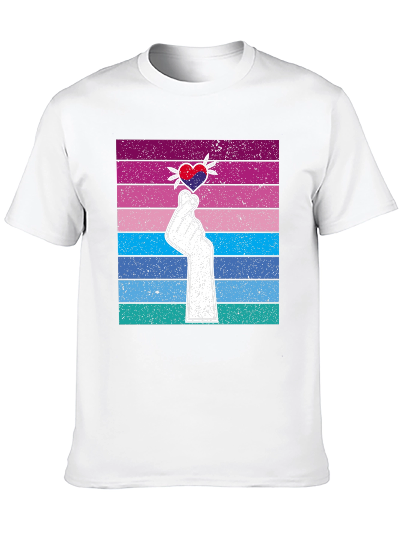 Korean Finger Heart T-Shirt - Retro Striped Design