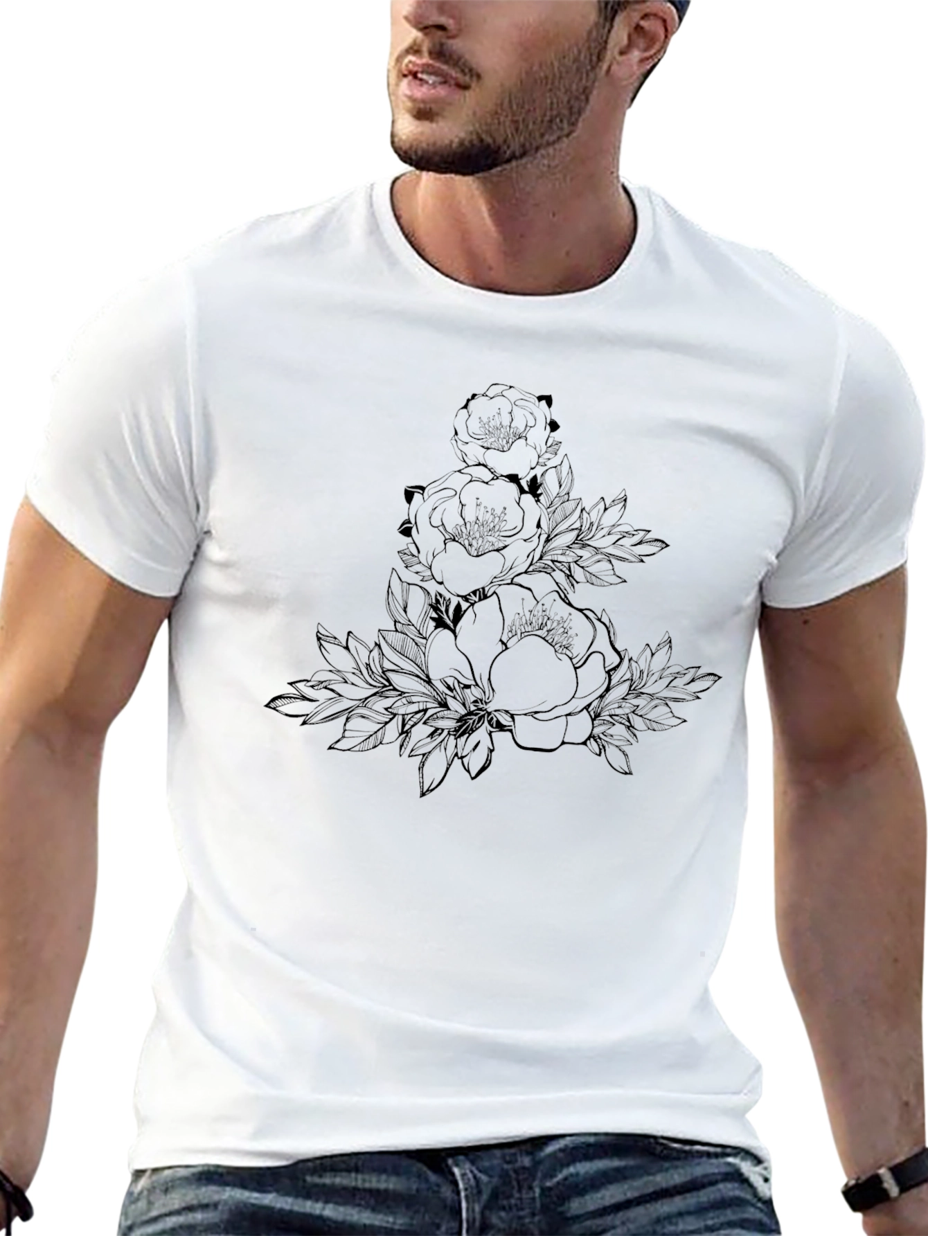 Elegant Floral Print Black T-Shirt