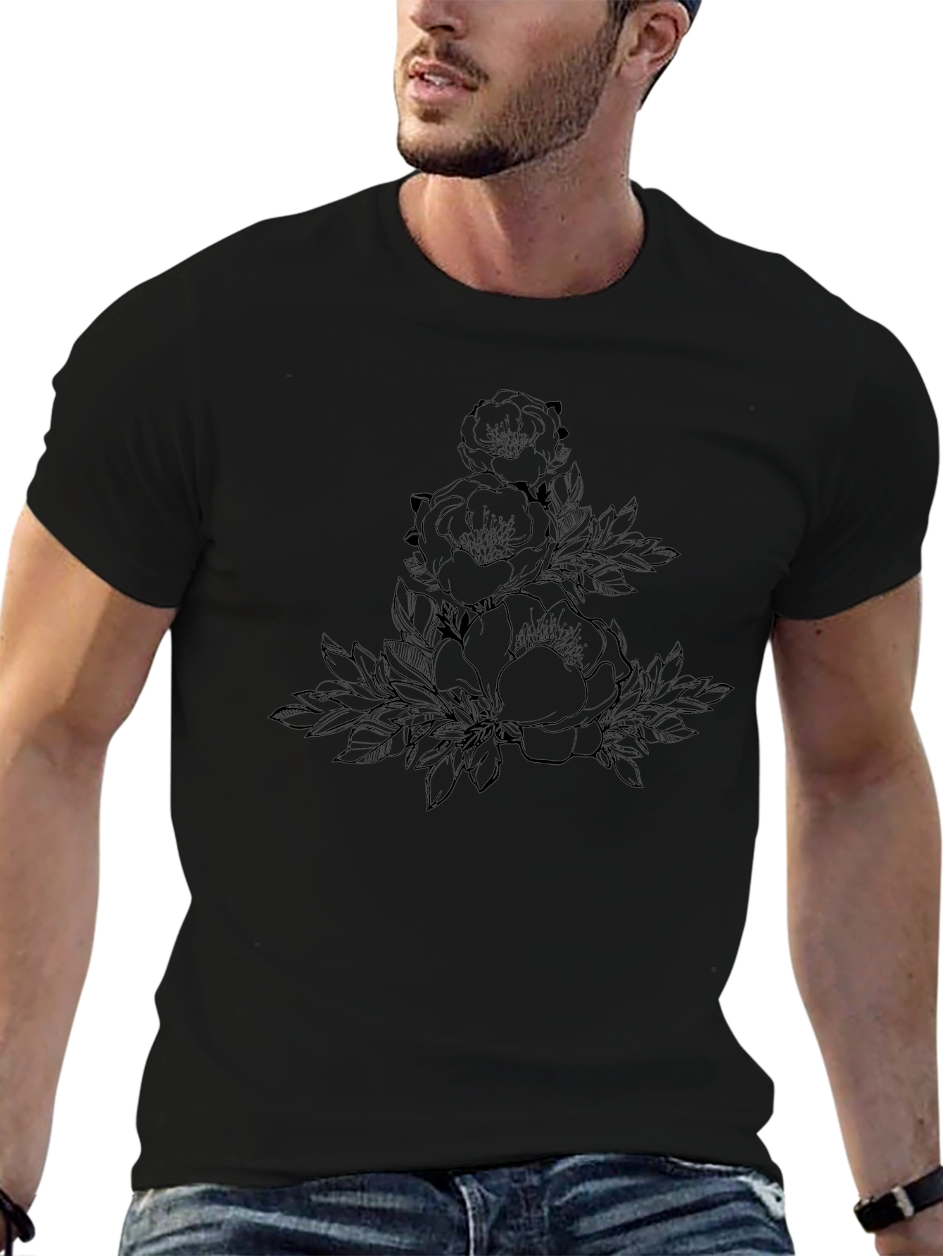 Elegant Floral Print Black T-Shirt