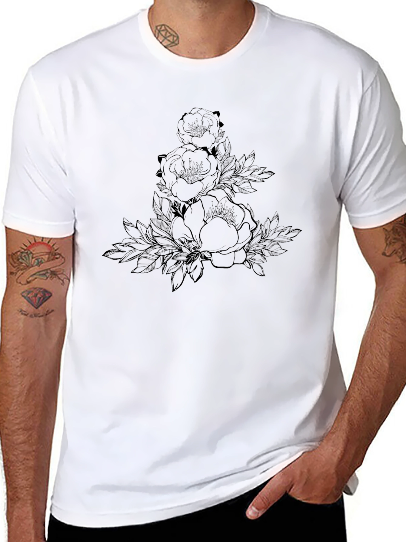 Elegant Floral Print Black T-Shirt