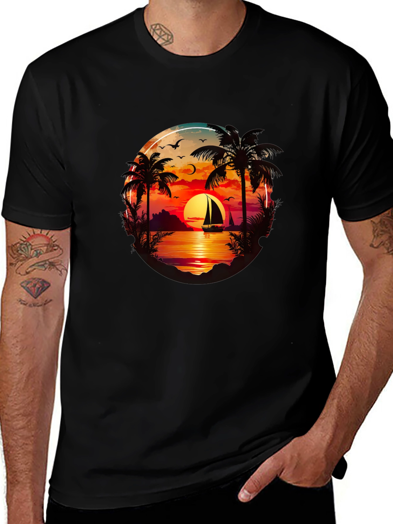 Sunset Sailboat Palm Tree Graphic Tee